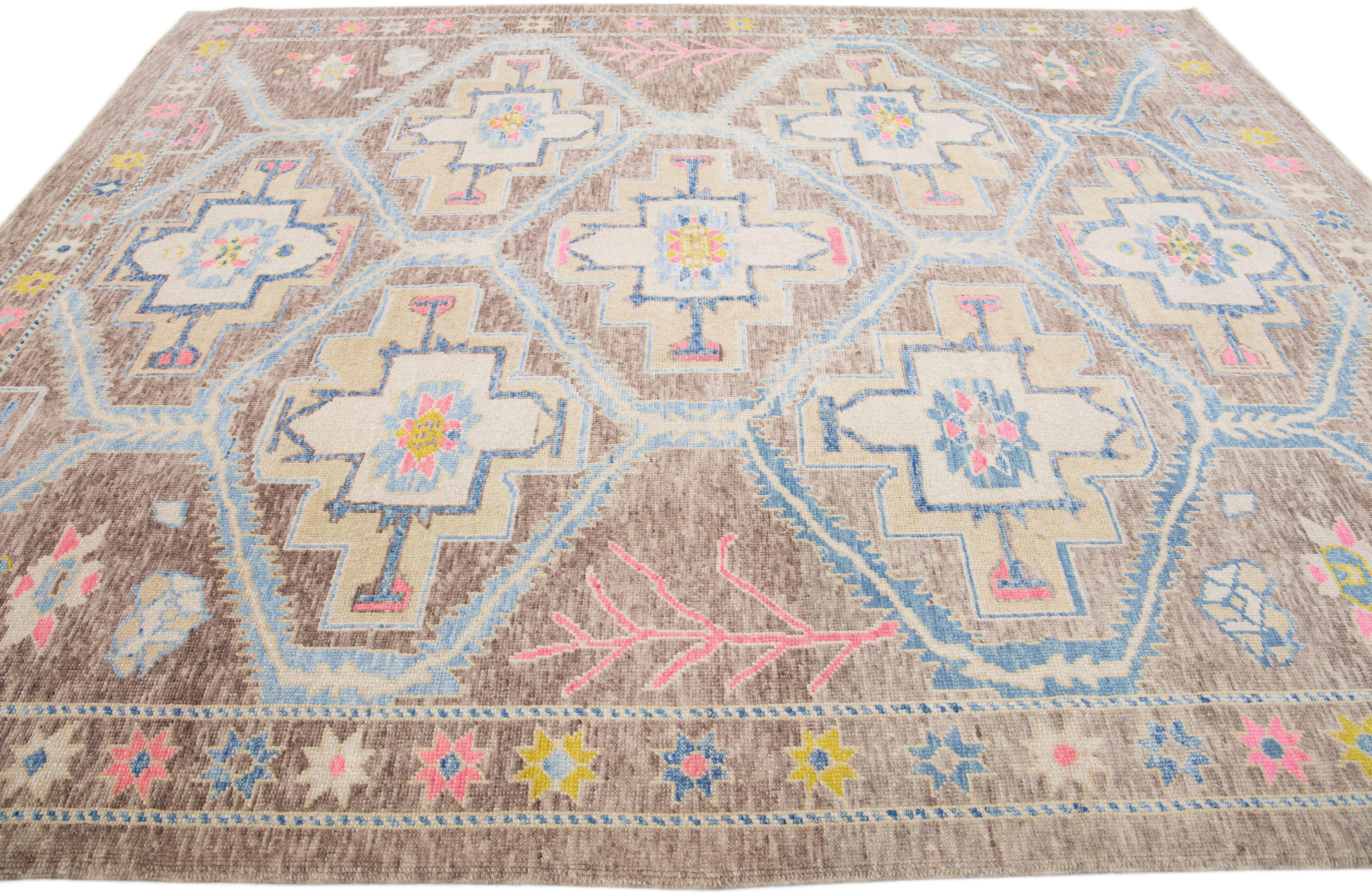 Contemporary Brown Modern Turkish Handmade Wool Rug with Multicolor Geometric Motif For Sale