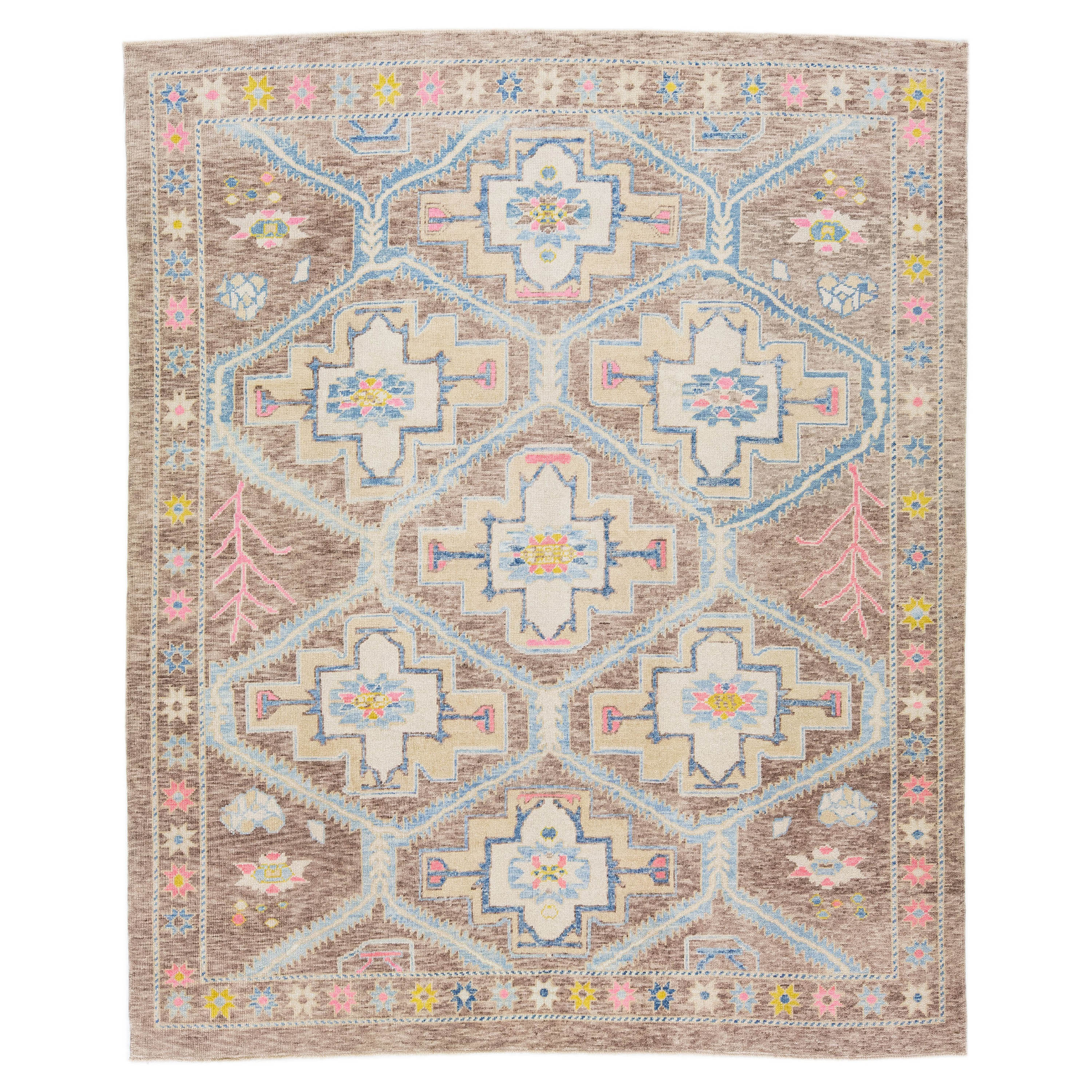 Brown Modern Turkish Handmade Wool Rug with Multicolor Geometric Motif For Sale