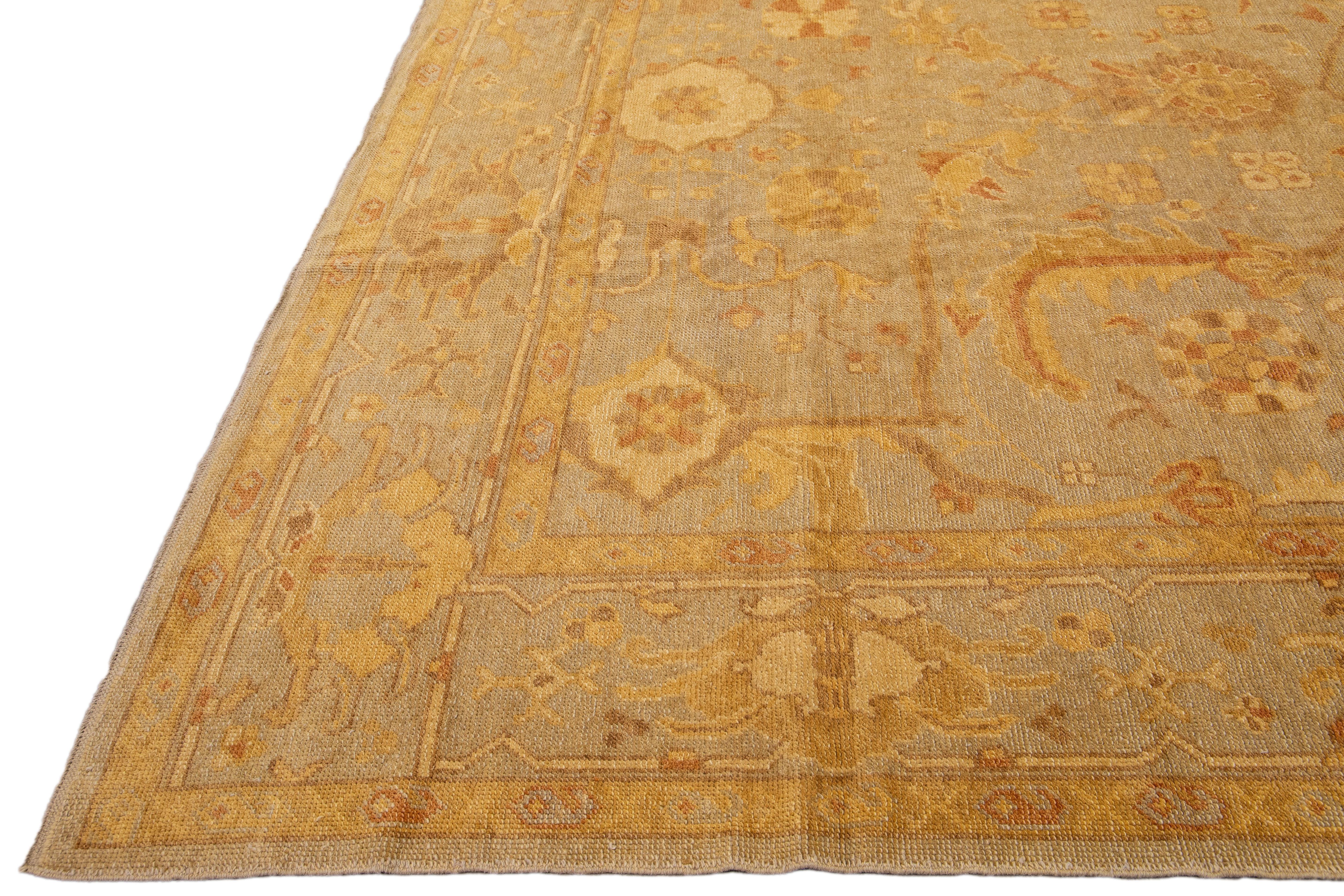 Hand-Knotted Brown Modern Turkish Oushak Handmade Floral Oversize Wool Rug For Sale