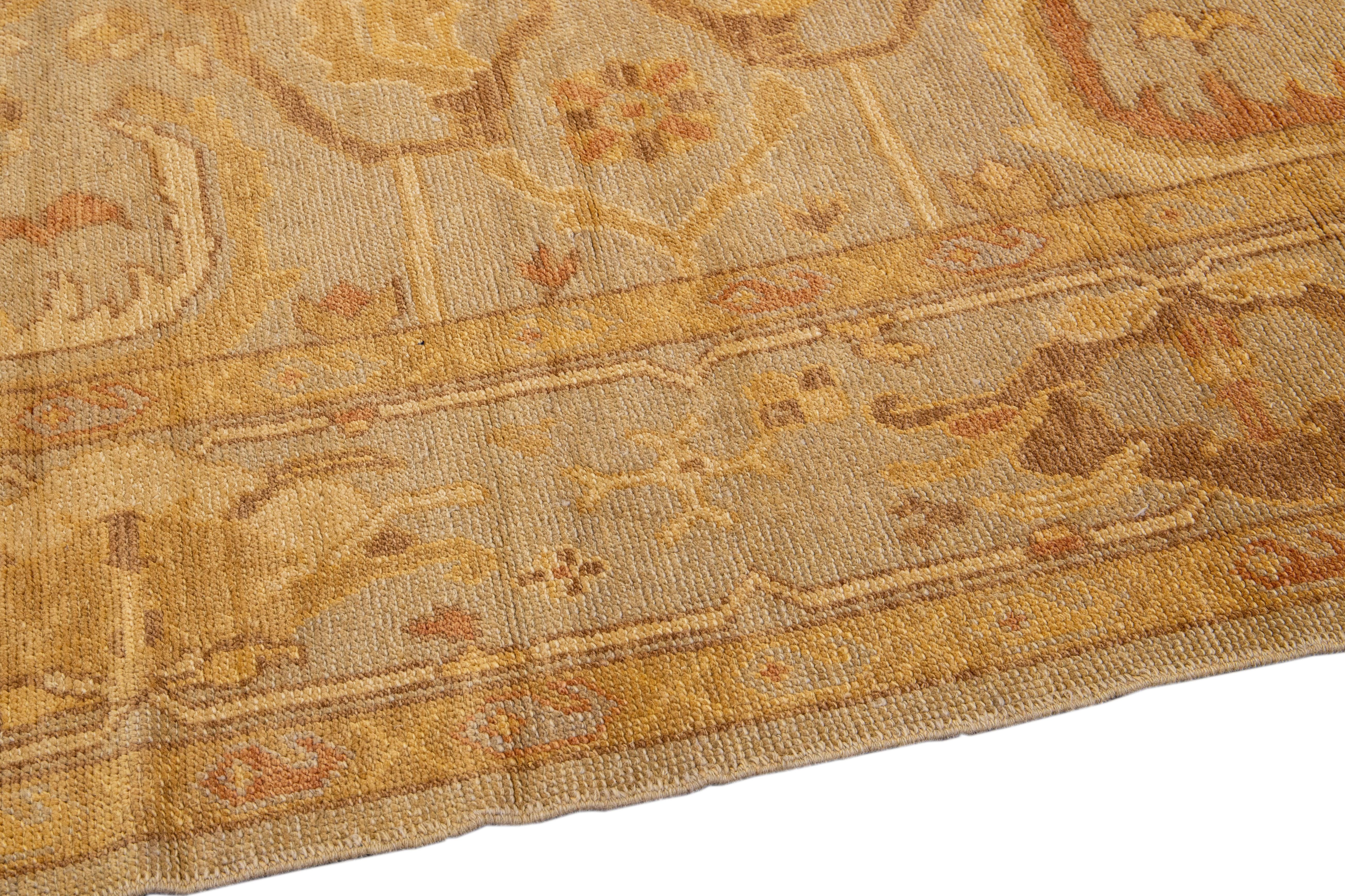 Contemporary Brown Modern Turkish Oushak Handmade Floral Oversize Wool Rug For Sale