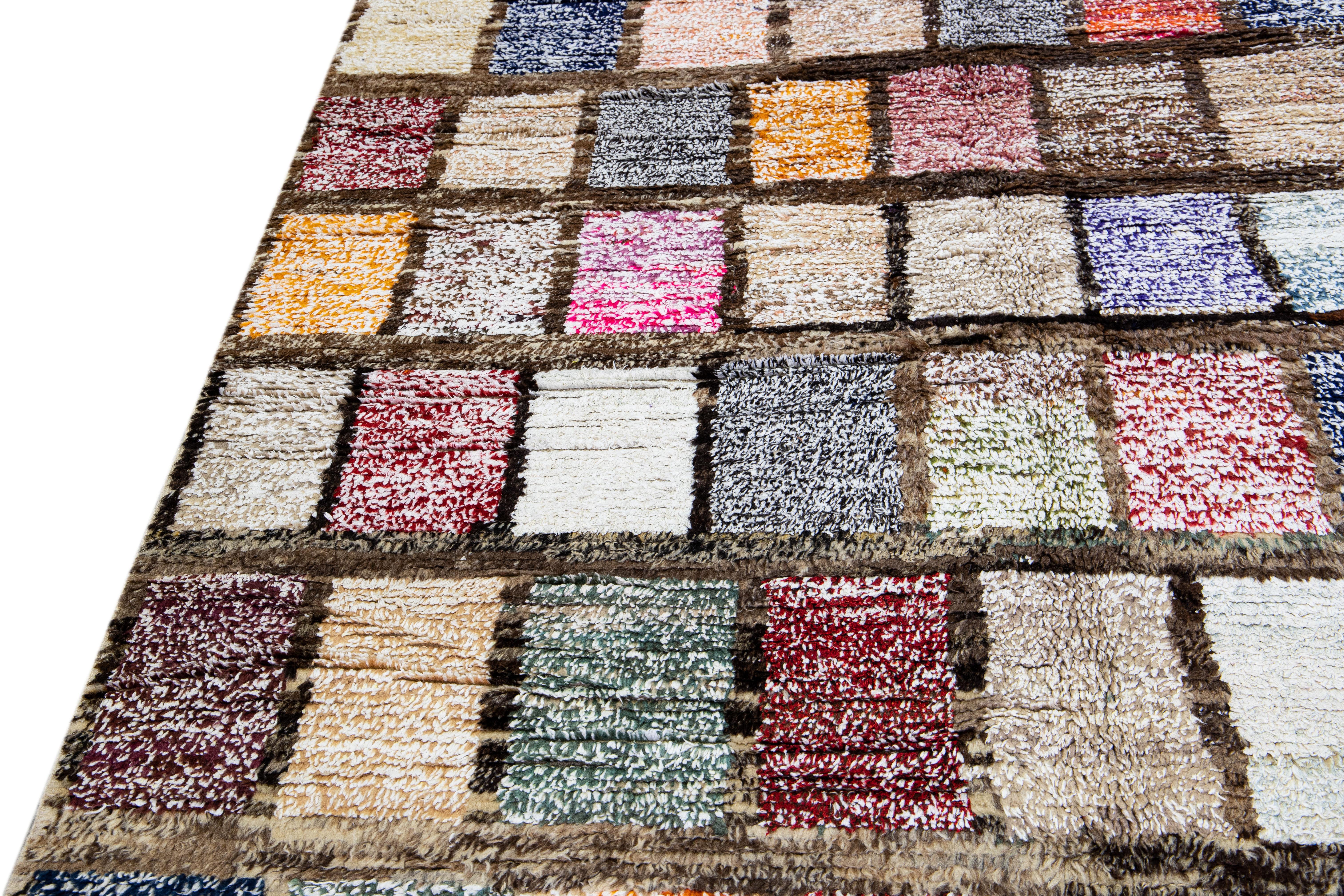 Brown Modern Turkish Tulu Handmade Multicolor Square Designed Pattern Wool Rug For Sale 6