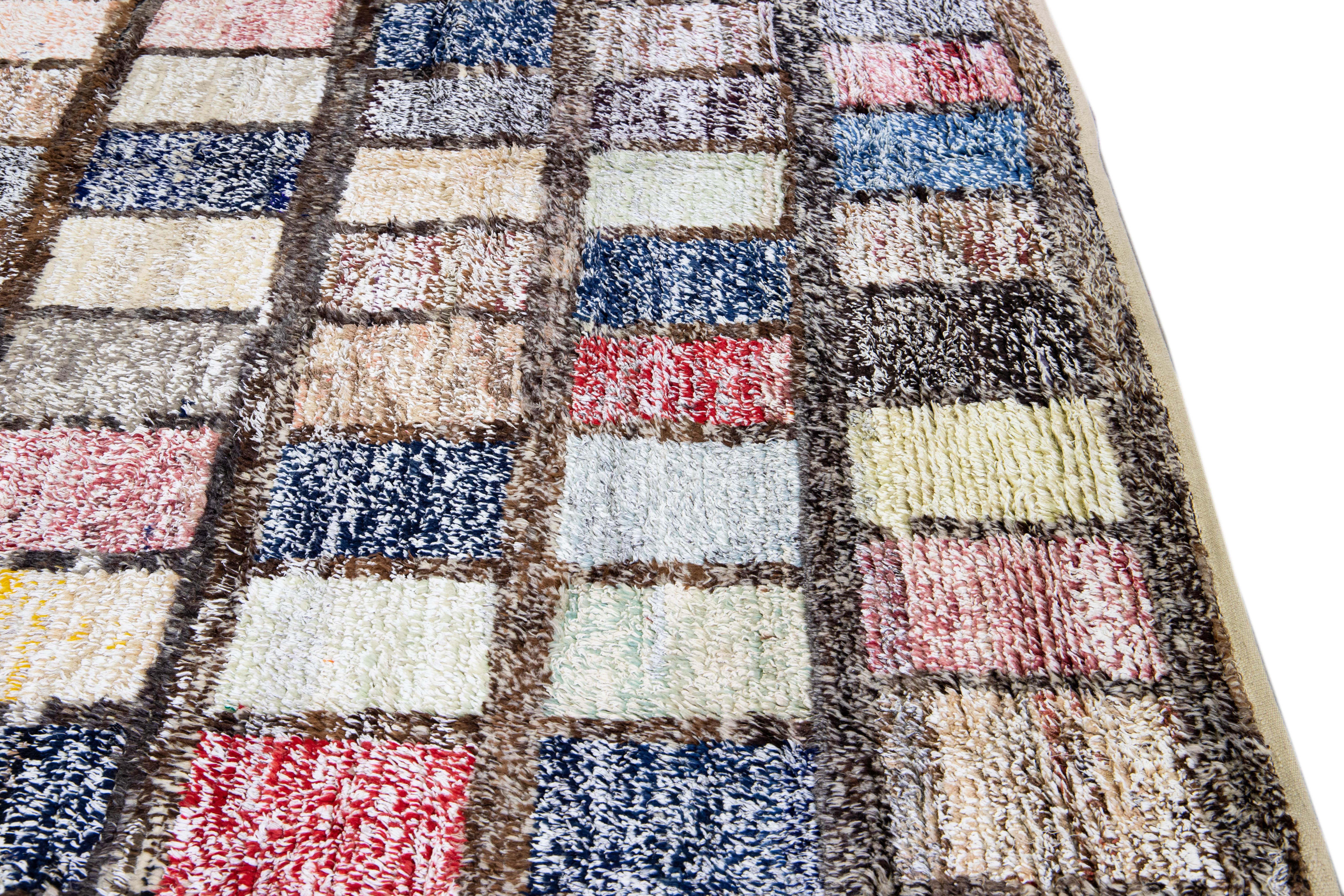 Brown Modern Turkish Tulu Handmade Multicolor Square Designed Pattern Wool Rug For Sale 7