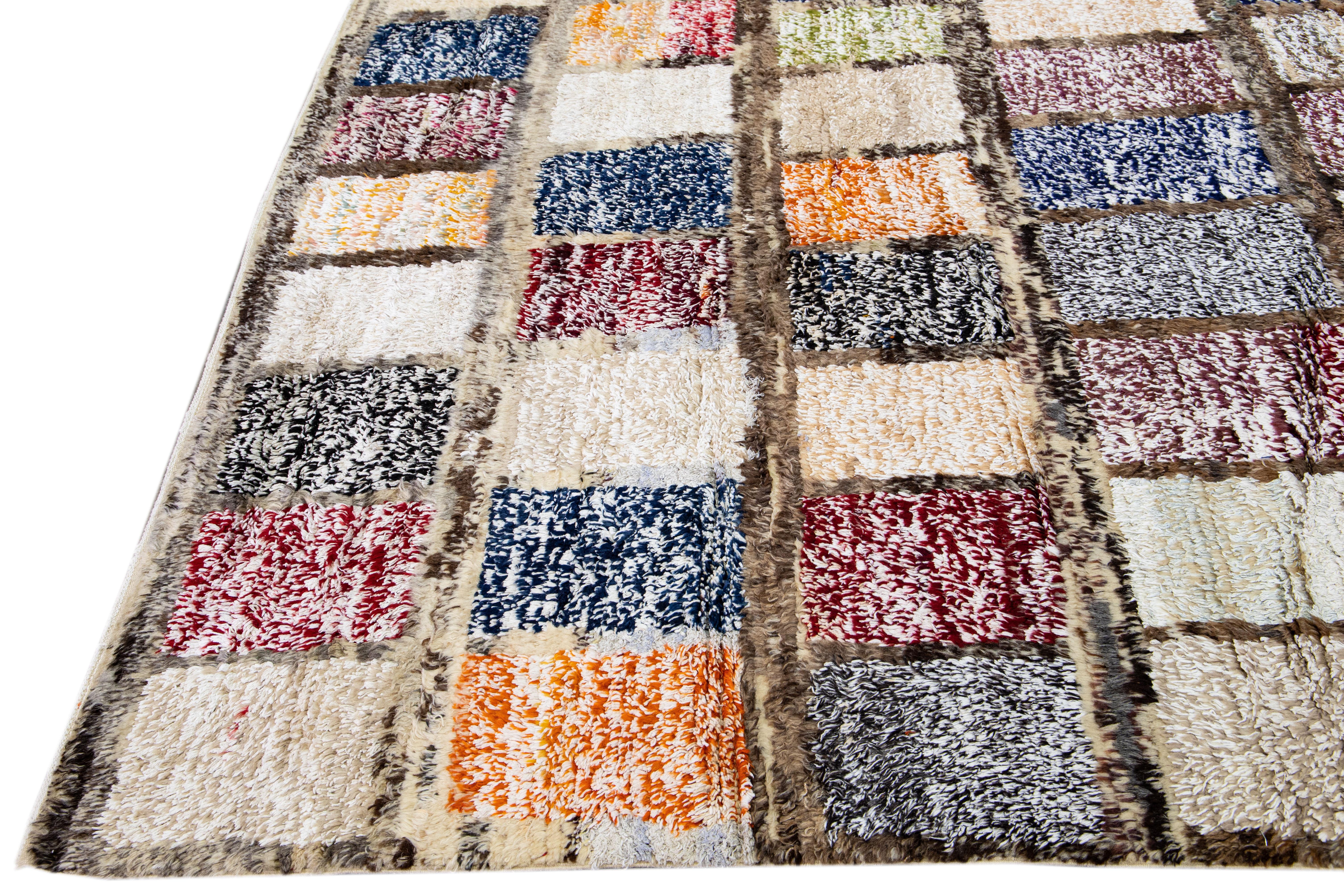 Brown Modern Turkish Tulu Handmade Multicolor Square Designed Pattern Wool Rug For Sale 1