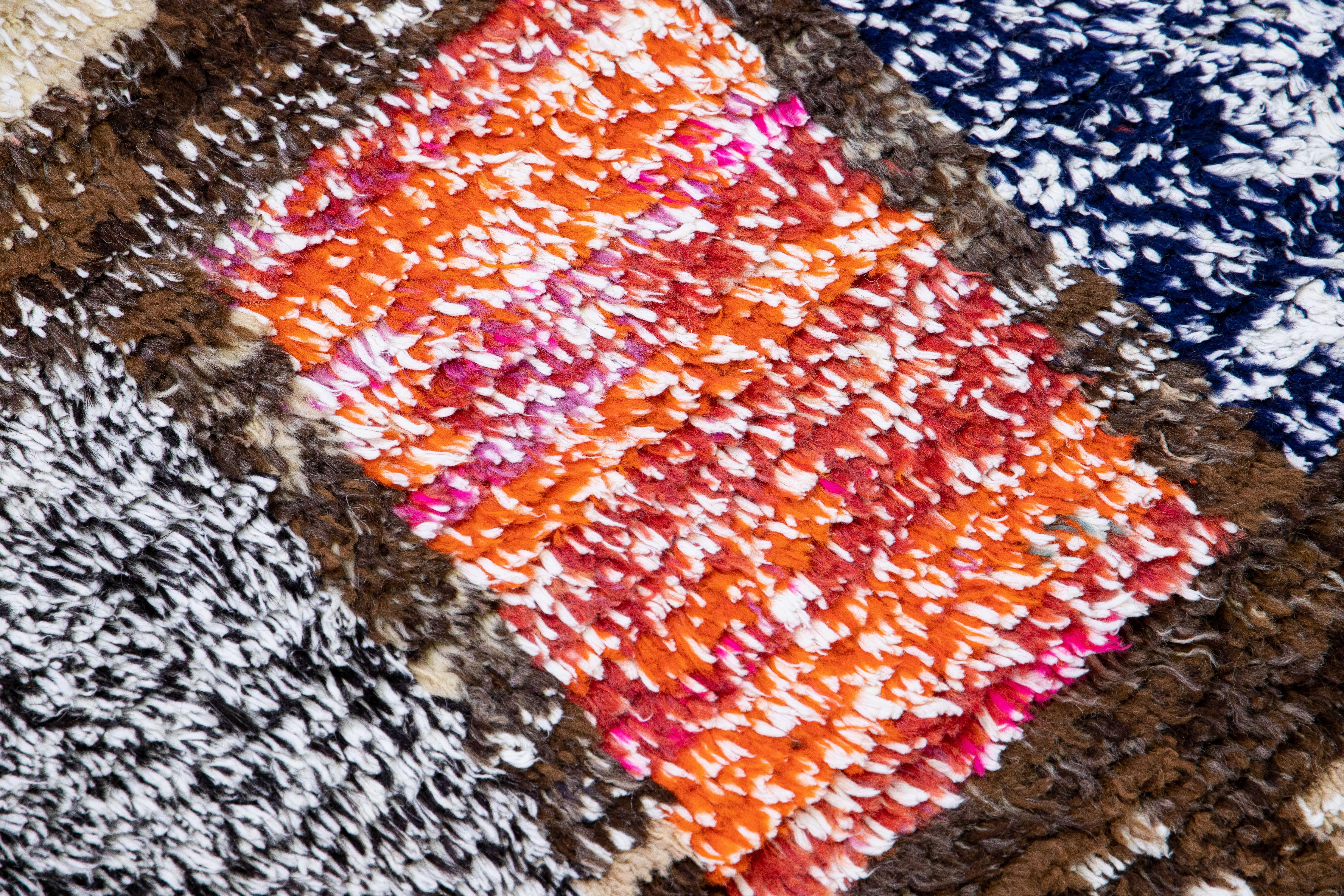 Brown Modern Turkish Tulu Handmade Multicolor Square Designed Pattern Wool Rug For Sale 2