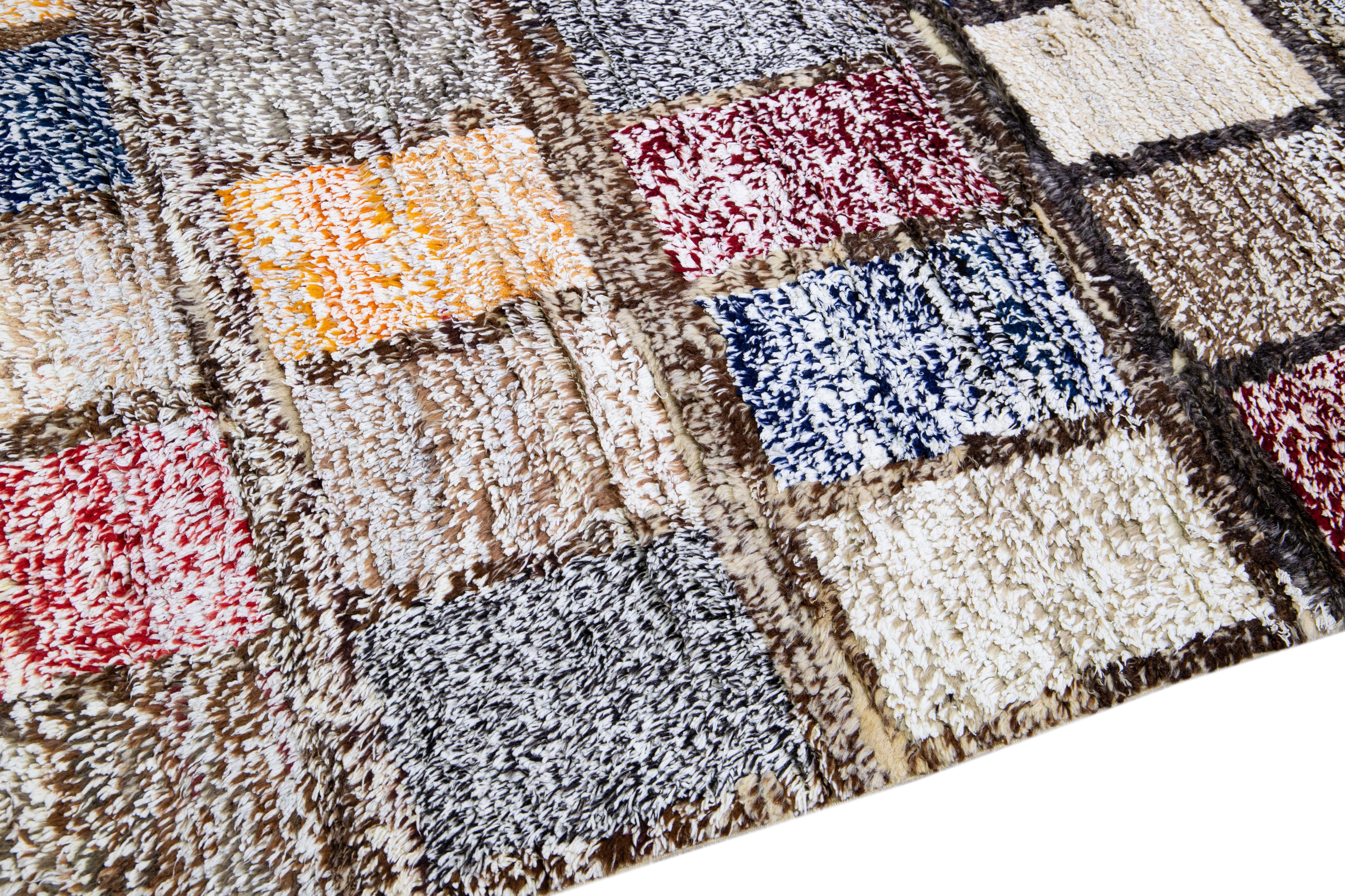 Brown Modern Turkish Tulu Handmade Multicolor Square Designed Pattern Wool Rug For Sale 4