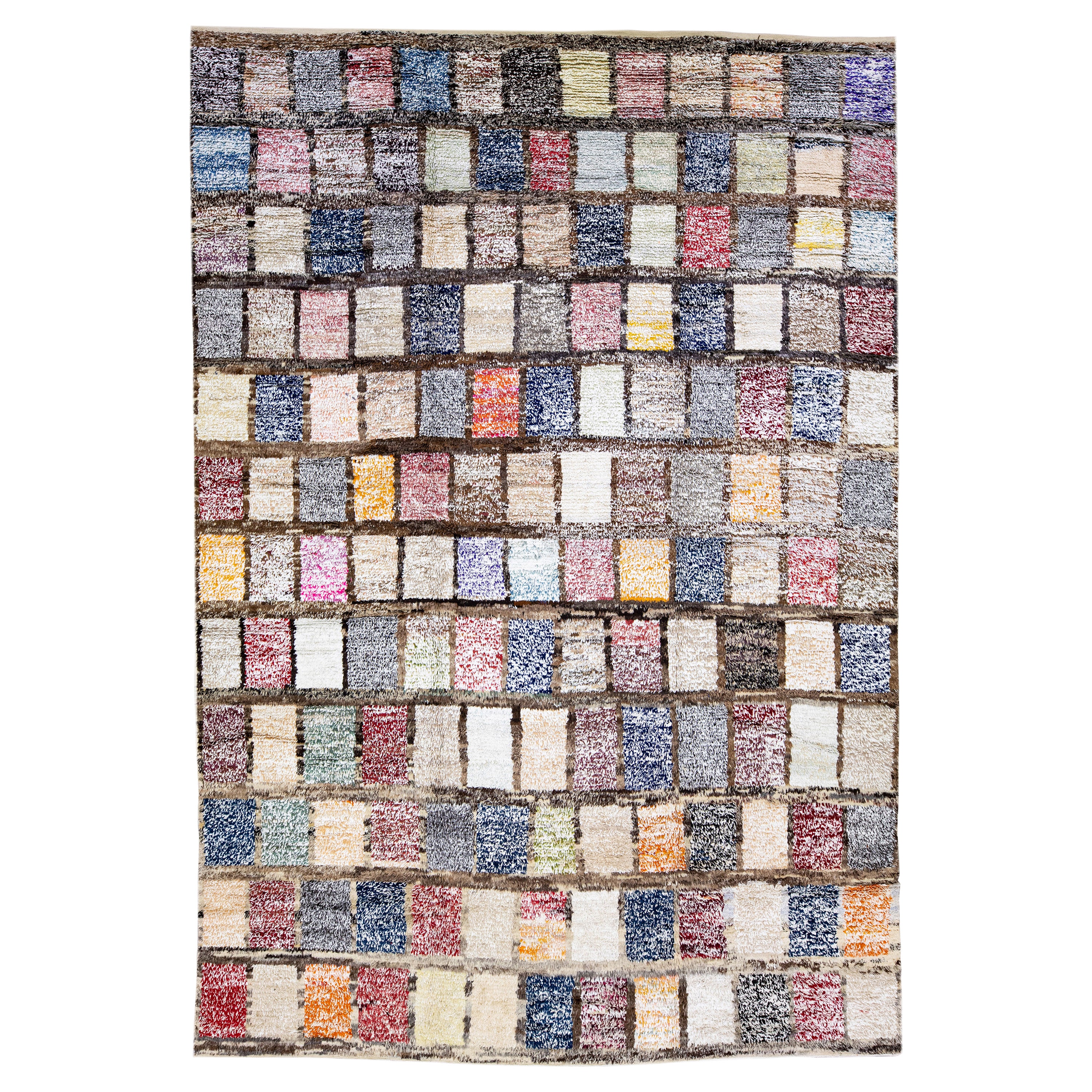 Tappeto di lana marrone, moderno, turco, Tulu, fatto a mano, multicolore, con motivo quadrato.