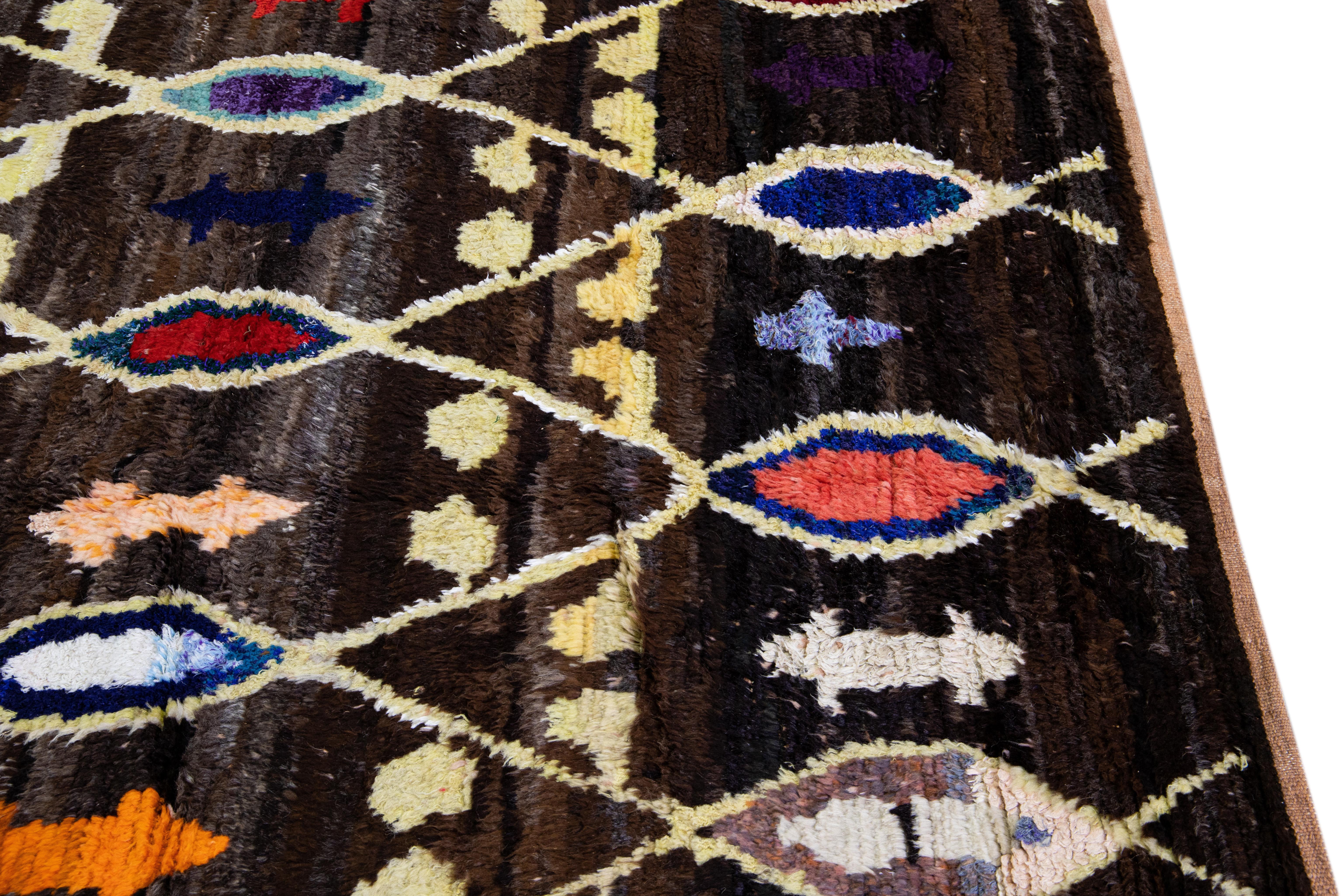 Brown Modern Turkish Tulu Handmade Multicolor Tribal Designed Wool Rug For Sale 6