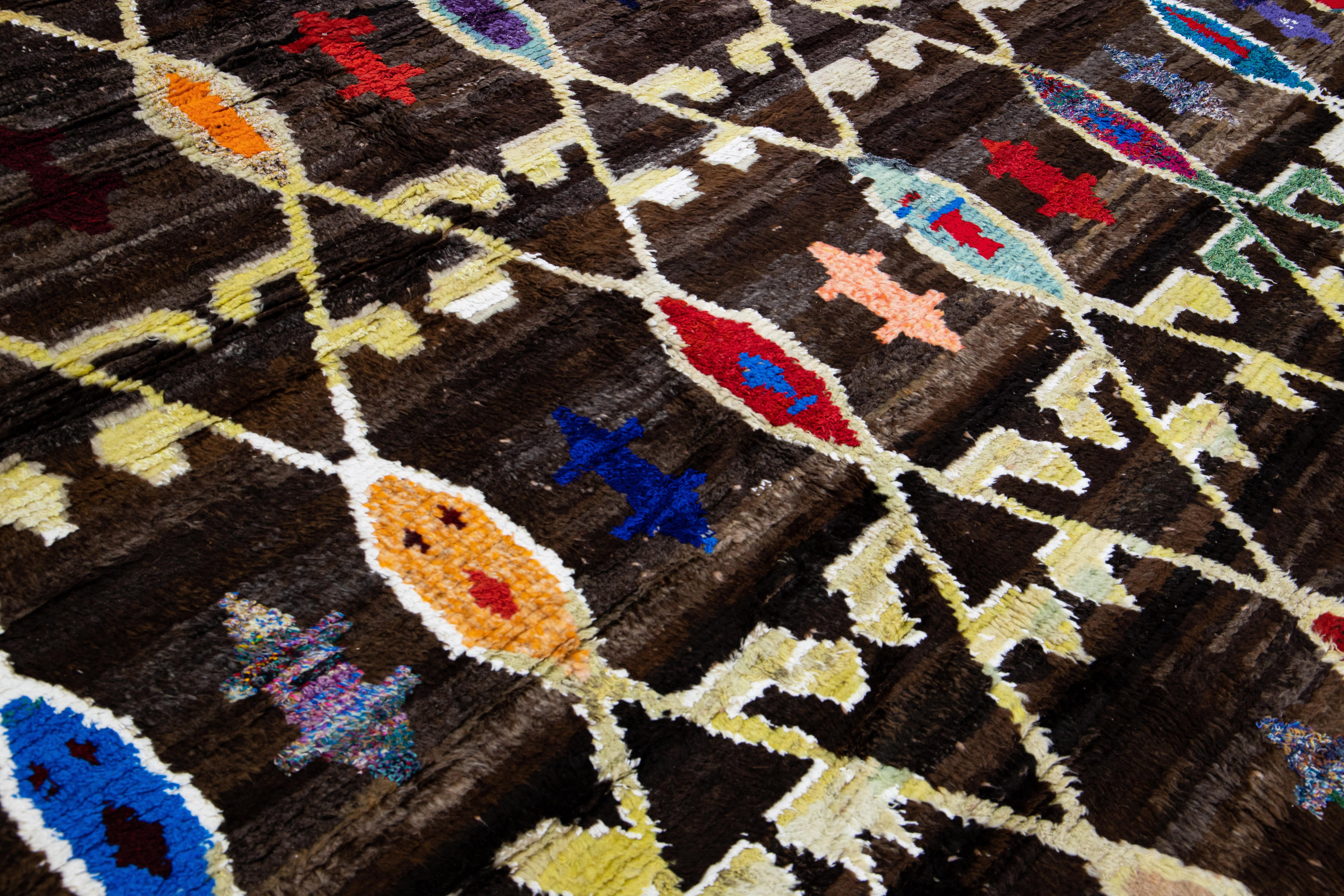Brown Modern Turkish Tulu Handmade Multicolor Tribal Designed Wool Rug For Sale 7