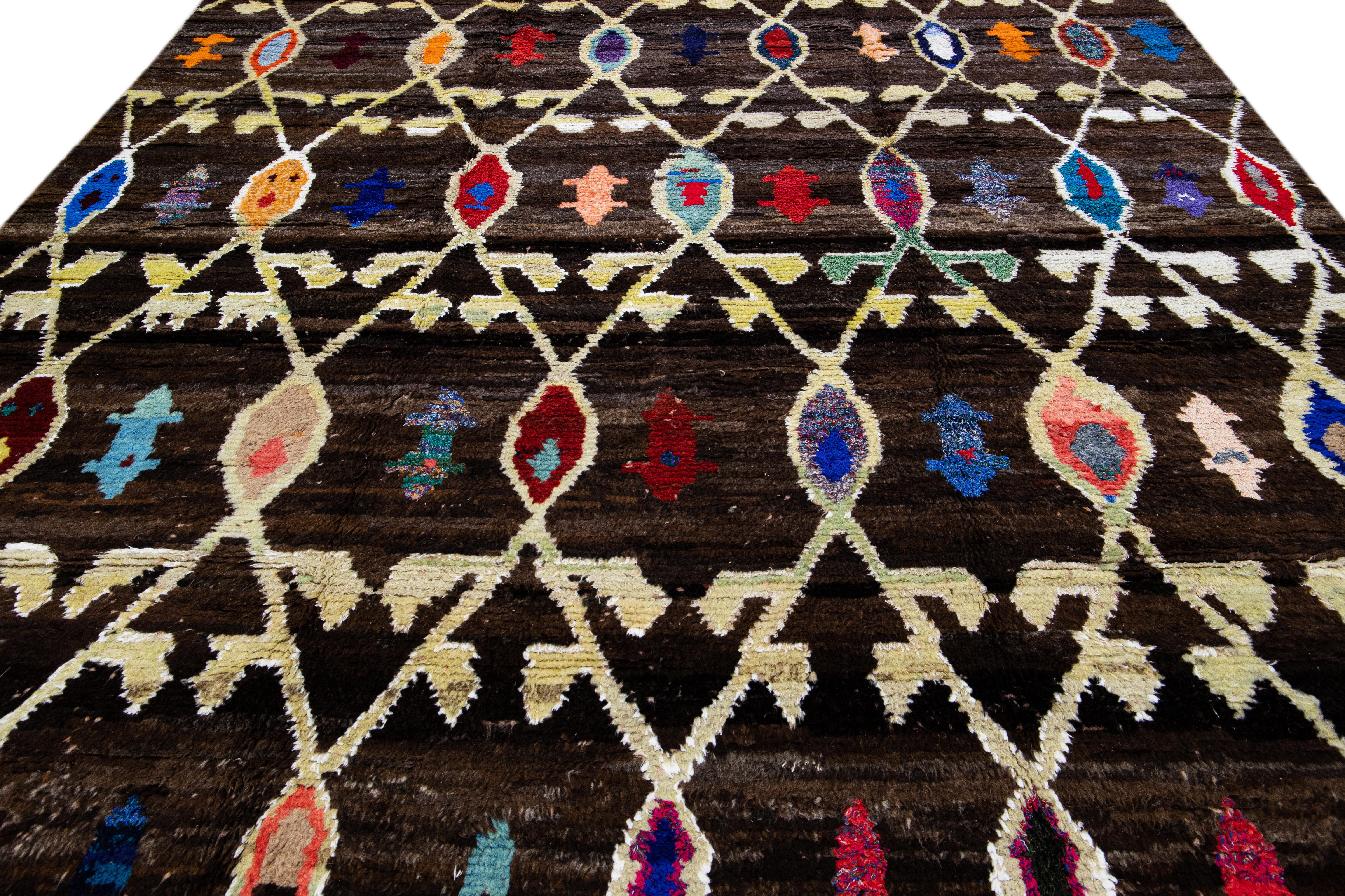 Hand-Knotted Brown Modern Turkish Tulu Handmade Multicolor Tribal Designed Wool Rug For Sale