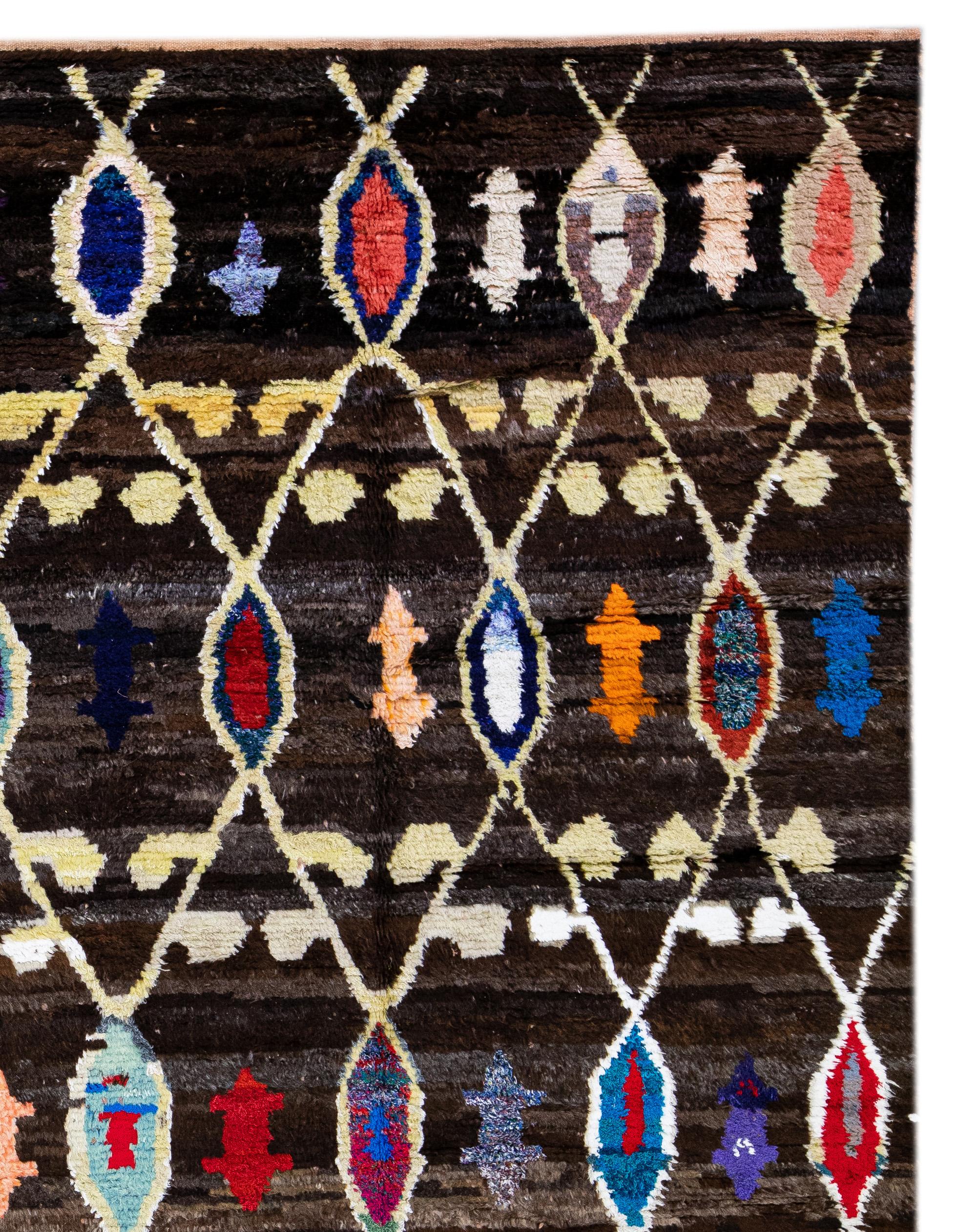 Contemporary Brown Modern Turkish Tulu Handmade Multicolor Tribal Designed Wool Rug For Sale