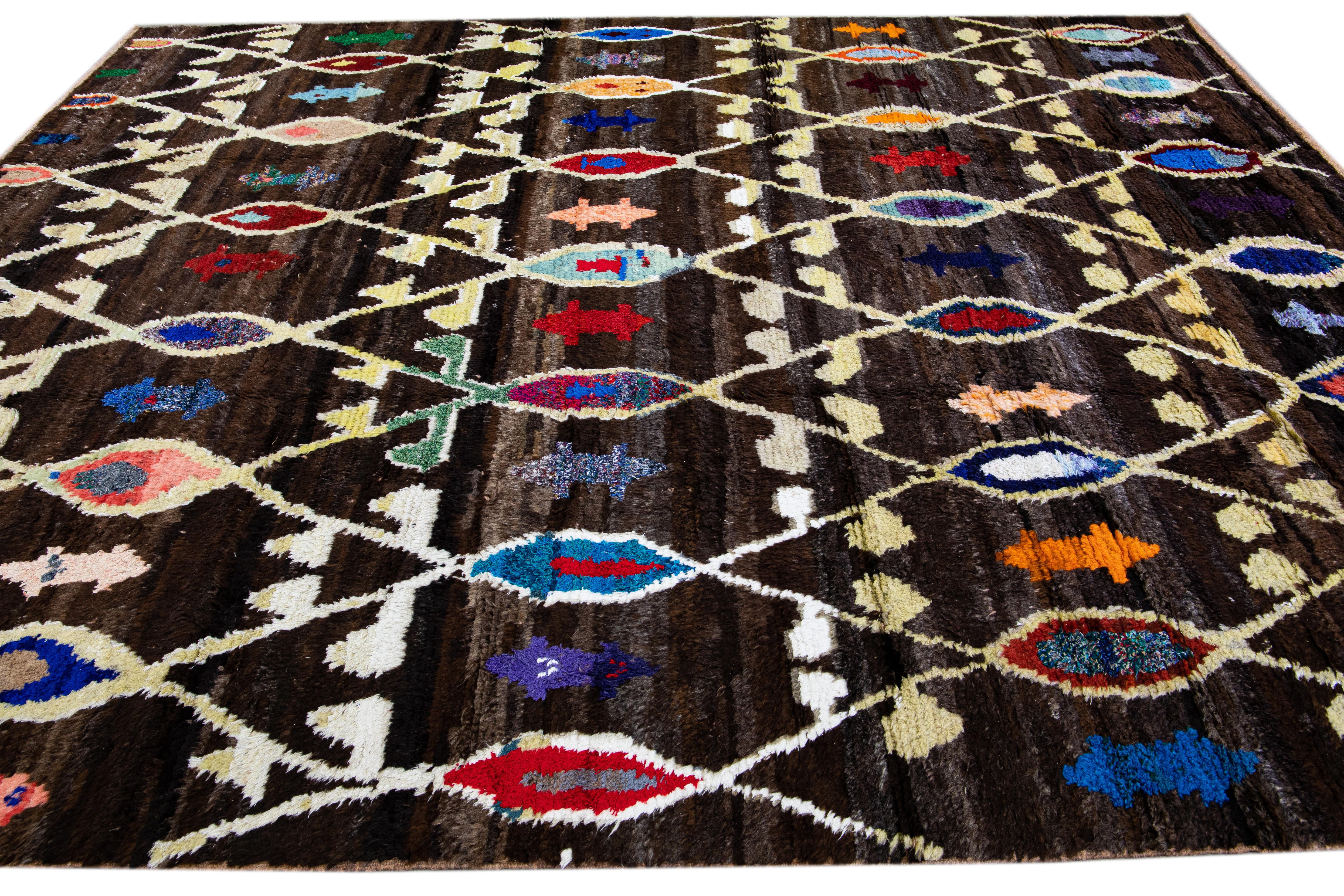 Brown Modern Turkish Tulu Handmade Multicolor Tribal Designed Wool Rug For Sale 2