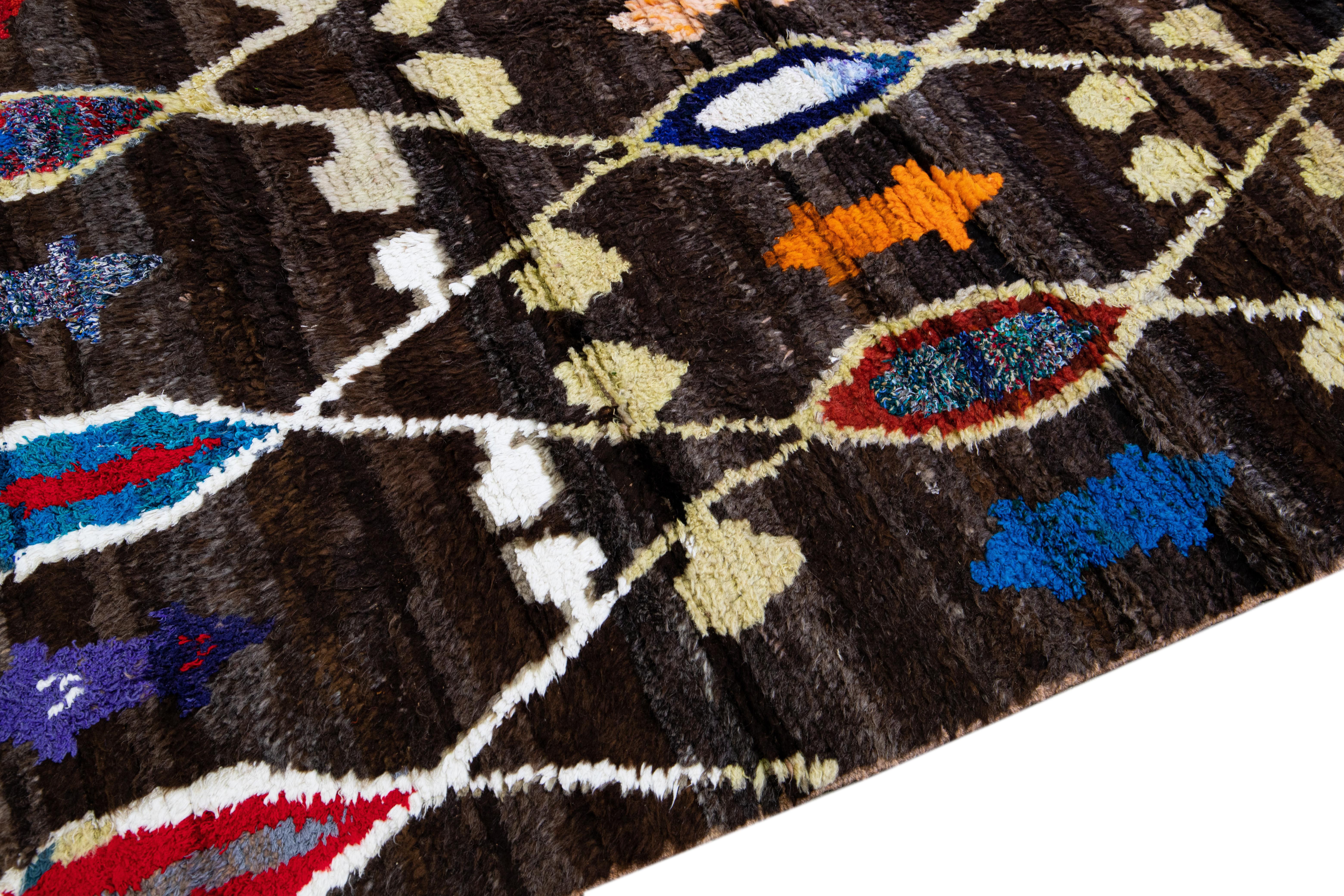 Brown Modern Turkish Tulu Handmade Multicolor Tribal Designed Wool Rug For Sale 3