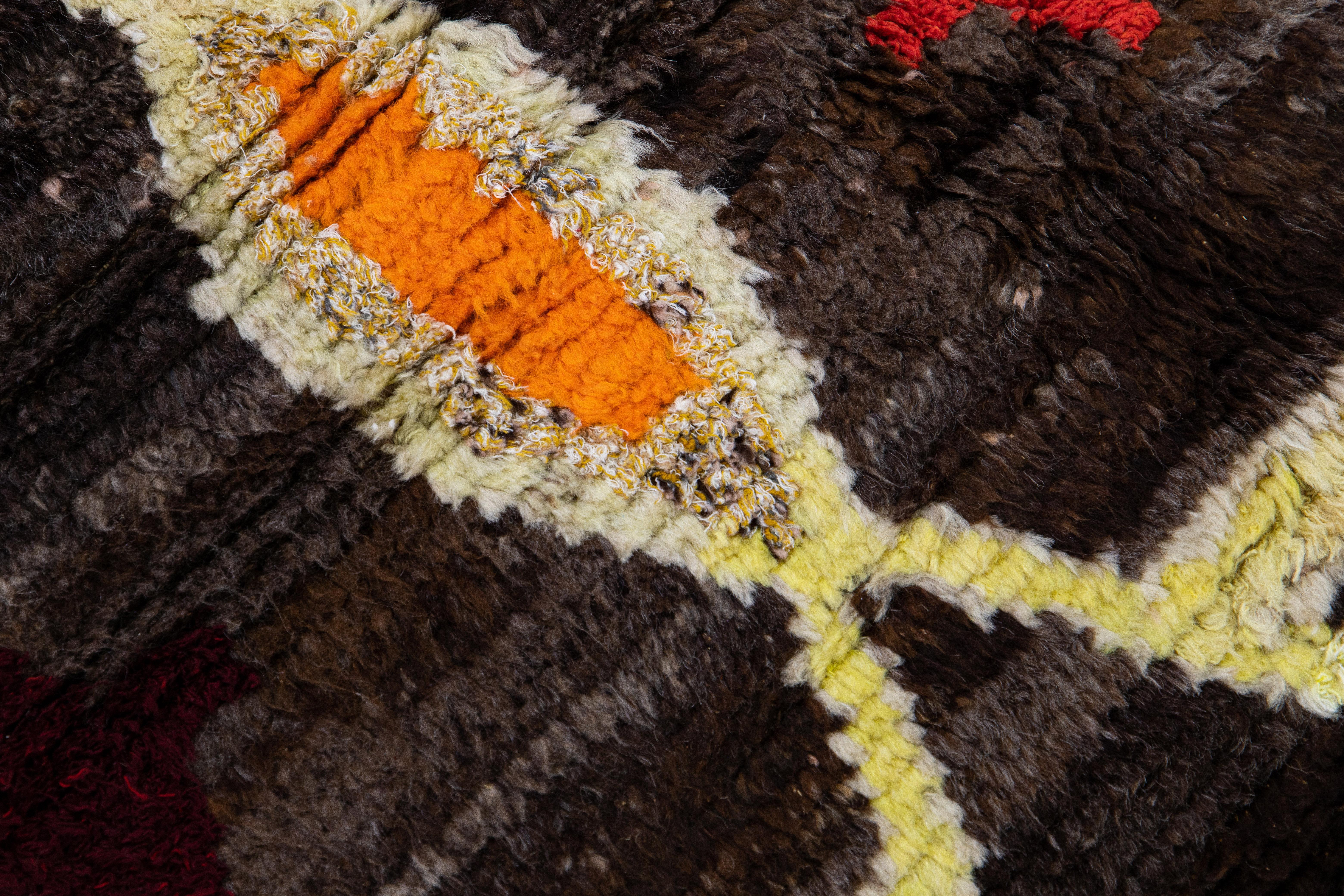 Brown Modern Turkish Tulu Handmade Multicolor Tribal Designed Wool Rug For Sale 4