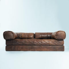 Brown modular leather patchwork sleeping sofa daybed, 1970s