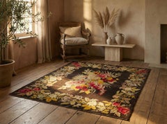 Brown Moldova Wool Hand Knots Rug 8 ft x 9 ft, Golden Floral Bouquet