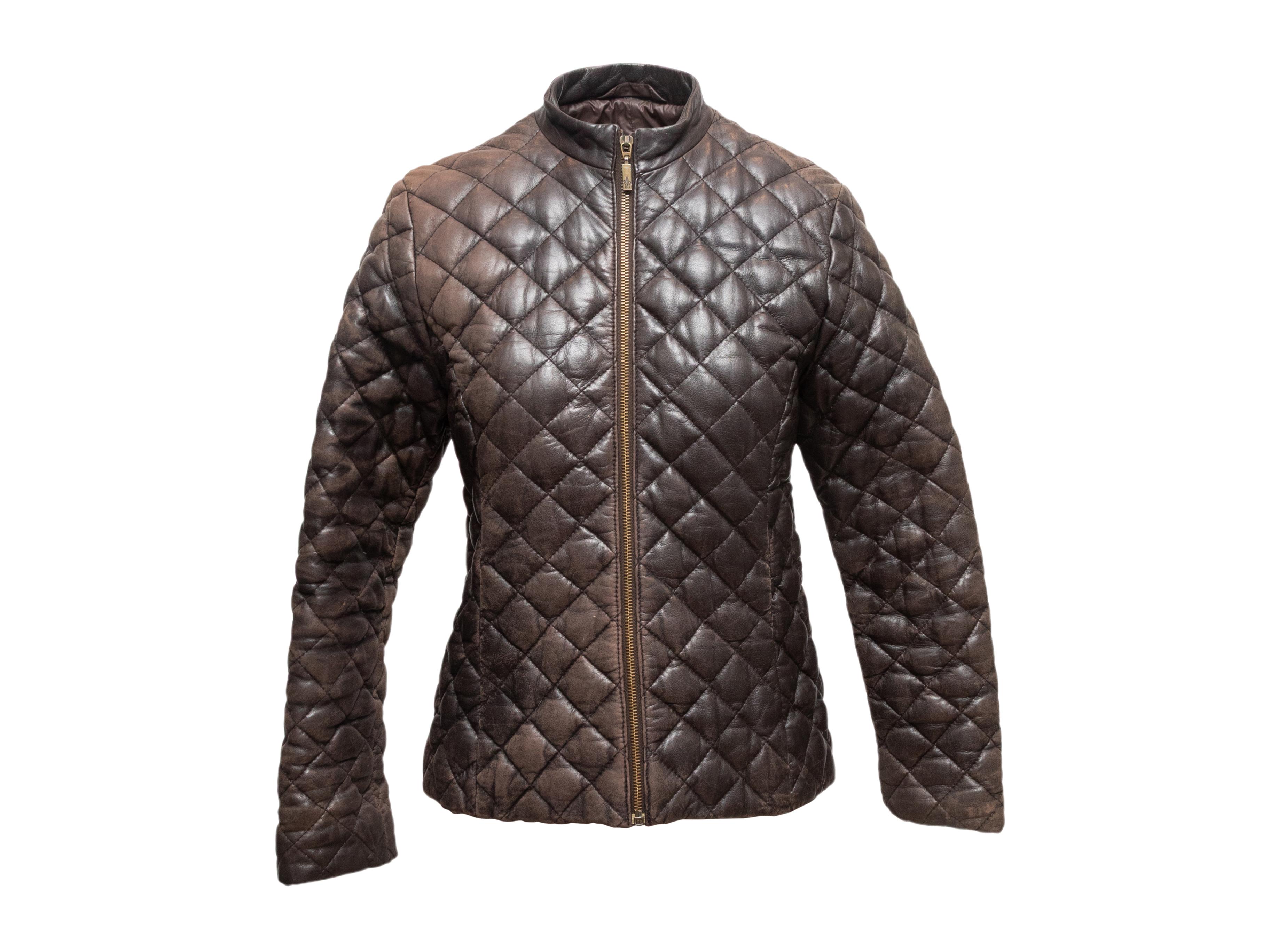 Giacca in pelle trapuntata marrone Moncler Designer Taglia 1 In condizioni buone in vendita a New York, NY
