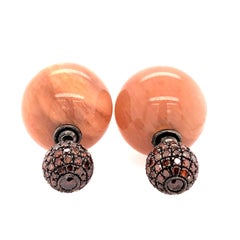 Brown Moonstone & Pave Diamond Ball Earrings Made in 14k Gold & Silver
