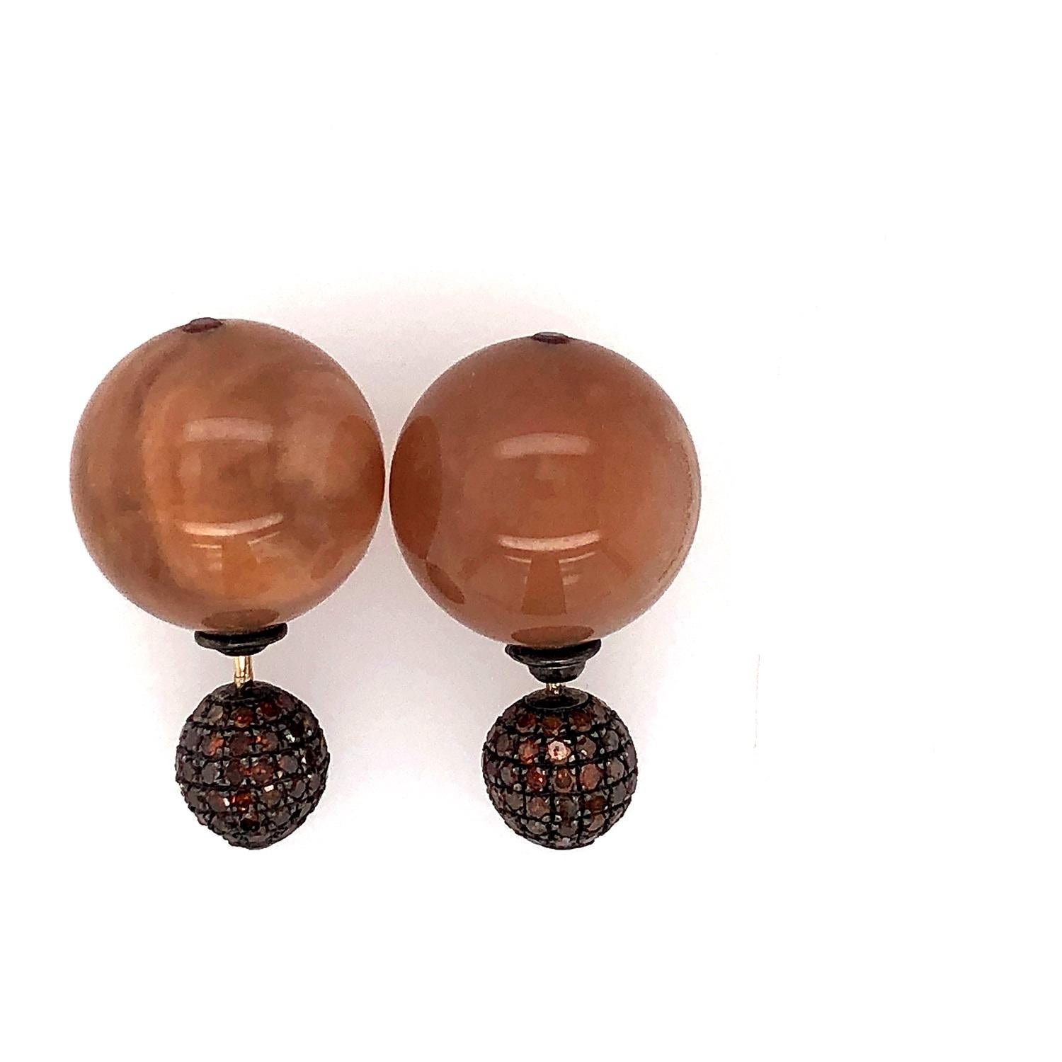 Artisan Brown Moonstone & Pave Diamond Ball Earrings Made in 14k Gold & Silver For Sale