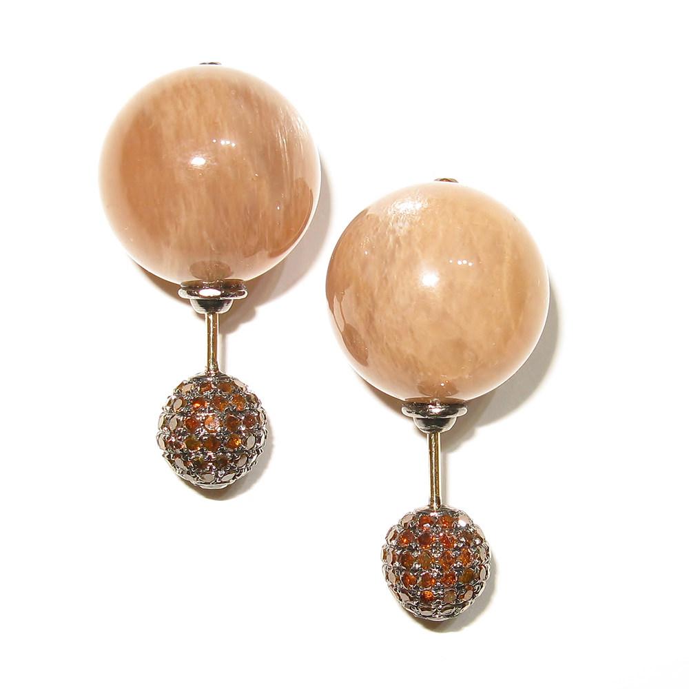 Mixed Cut Brown Moonstone & Pave Diamond Ball Earrings Made in 14k Gold & Silver For Sale