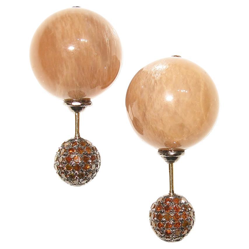 Brown Moonstone & Pave Diamond Ball Earrings Made in 14k Gold & Silver