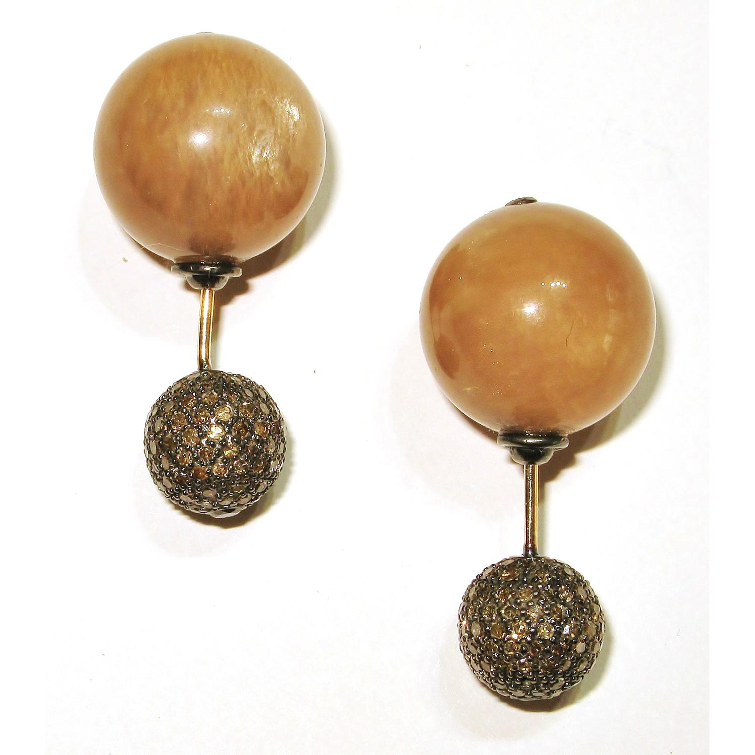 Mixed Cut Brown Moonstone & Pave Diamond Ball Tunnel Earring Made in 14k Gold For Sale