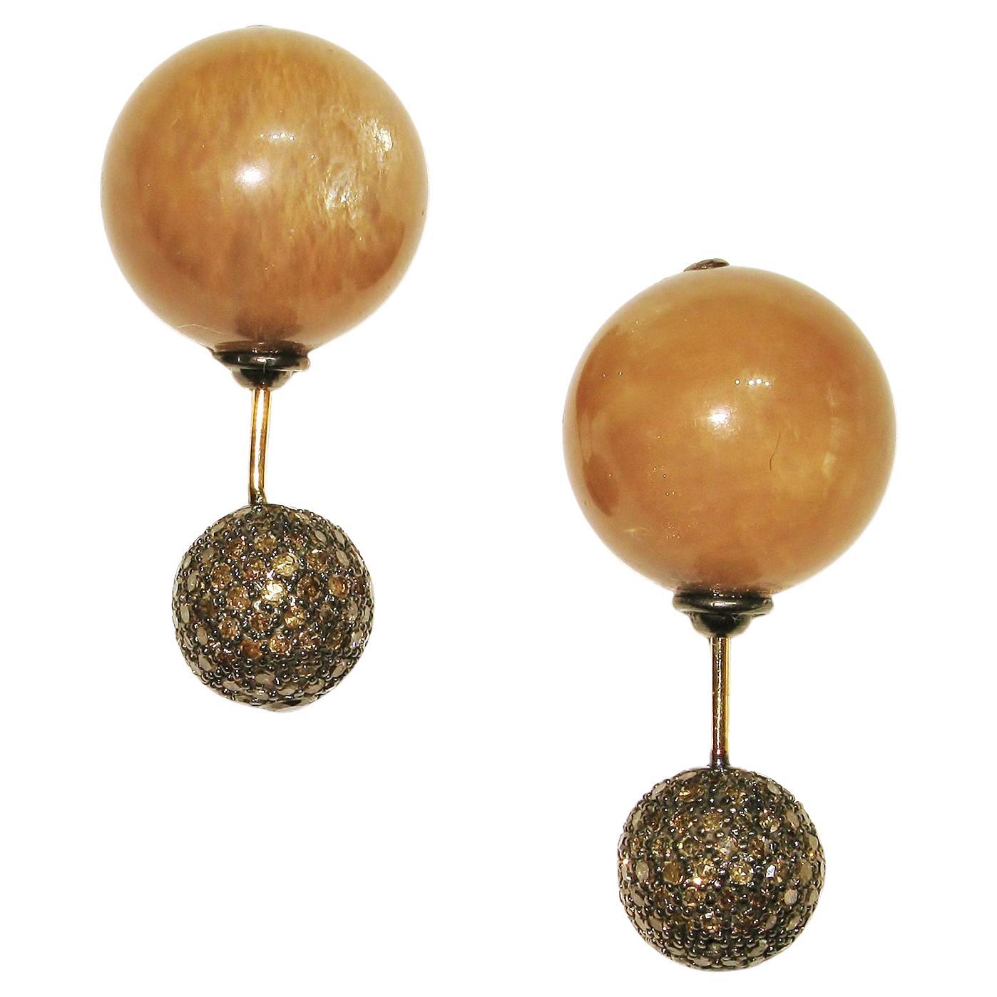 Brown Moonstone & Pave Diamond Ball Tunnel Earring Made in 14k Gold For Sale