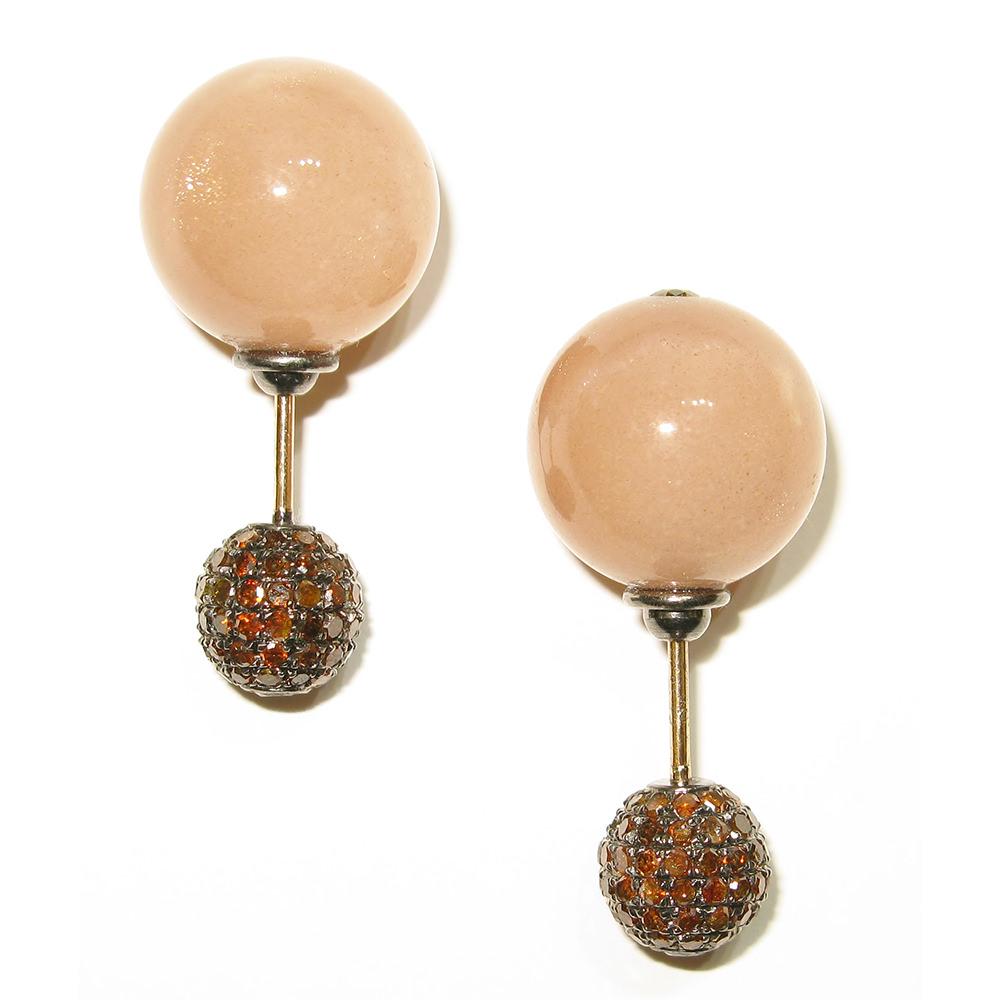 Brown Moonstone & Pave Diamond Ball Tunnel Earring Made in 14k Gold & Silver In New Condition For Sale In New York, NY
