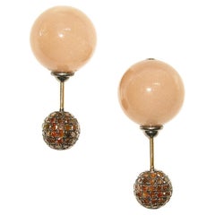 Brown Moonstone & Pave Diamond Ball Tunnel Earring Made in 14k Gold & Silver