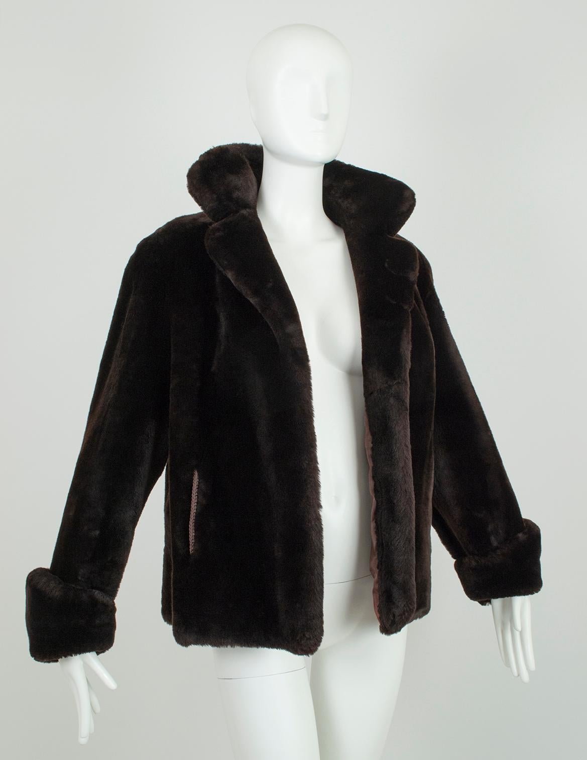 Brown Mouton Fur *Large Size* Teddy Bear Puff Jacket with Point Cuffs - L,  1950s