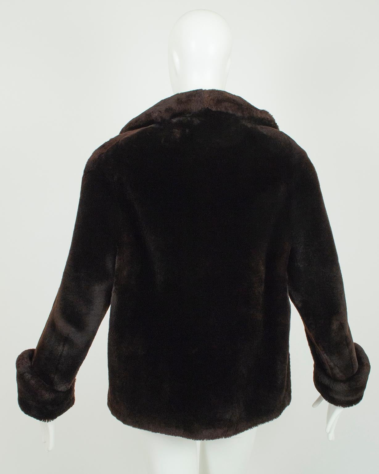 Black Brown Mouton Fur *Large Size* Teddy Bear Puff Jacket with Point Cuffs - L, 1950s For Sale