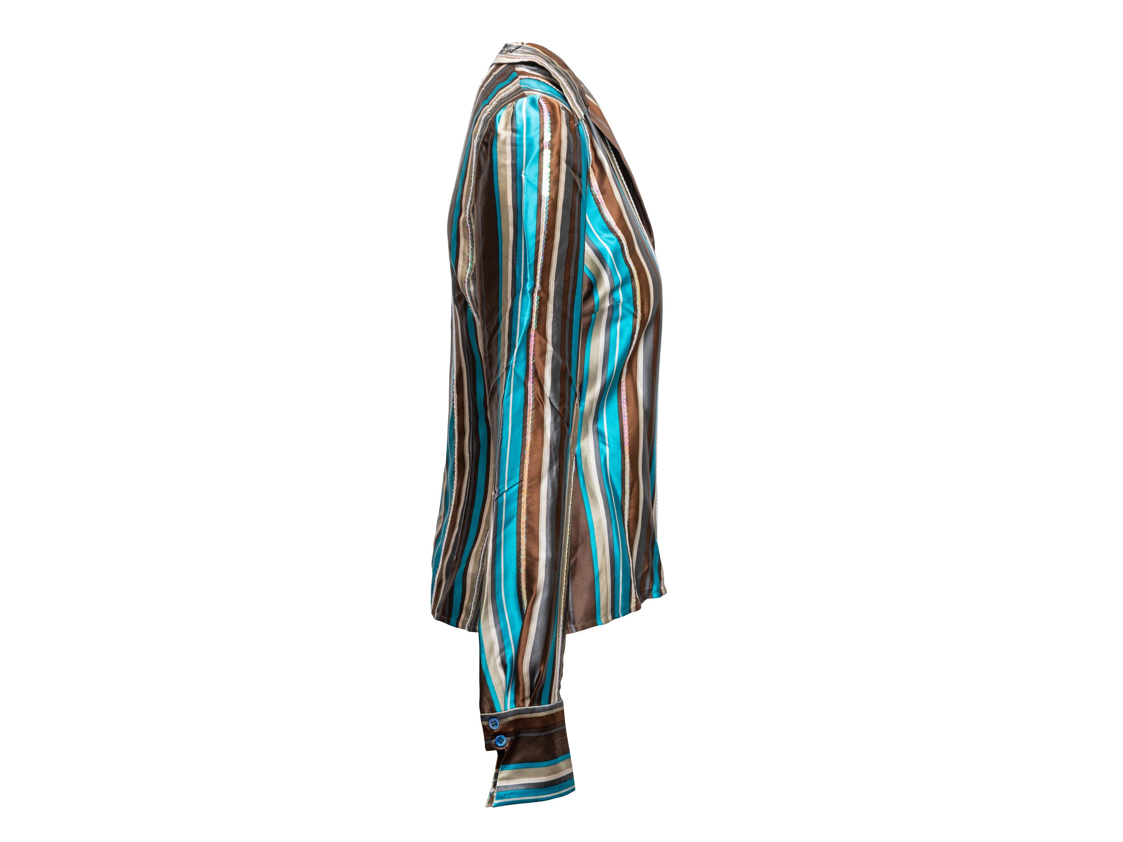 Women's Brown & Multicolor Chloe Striped Silk Button-Up Top Size FR 40 For Sale