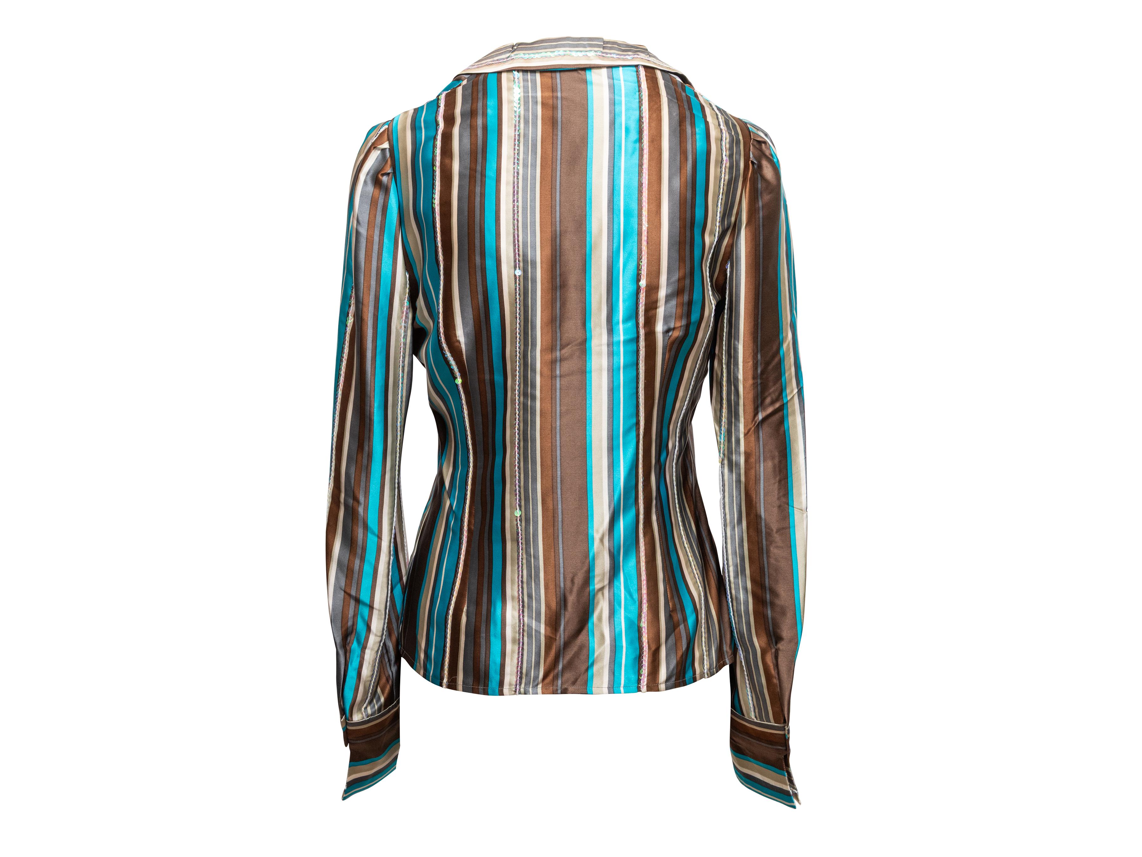 Brown & Multicolor Chloe Striped Silk Button-Up Top Size FR 40 For Sale 1