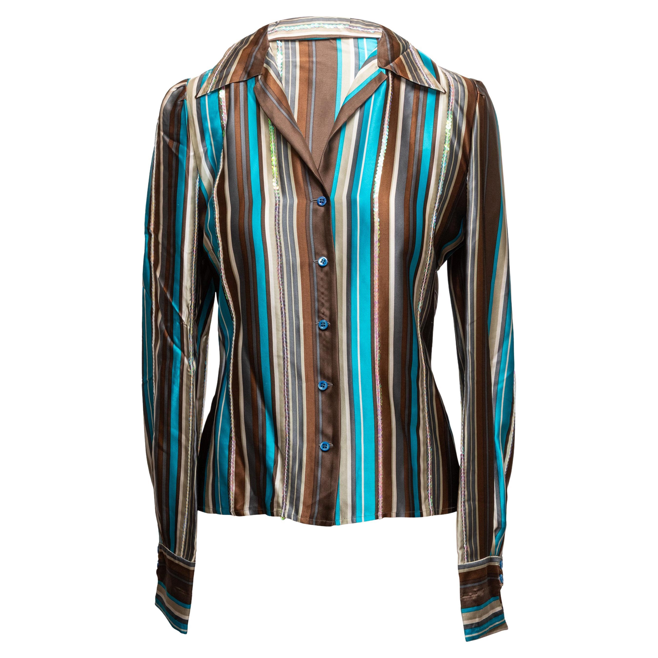 Brown & Multicolor Chloe Striped Silk Button-Up Top Size FR 40 For Sale