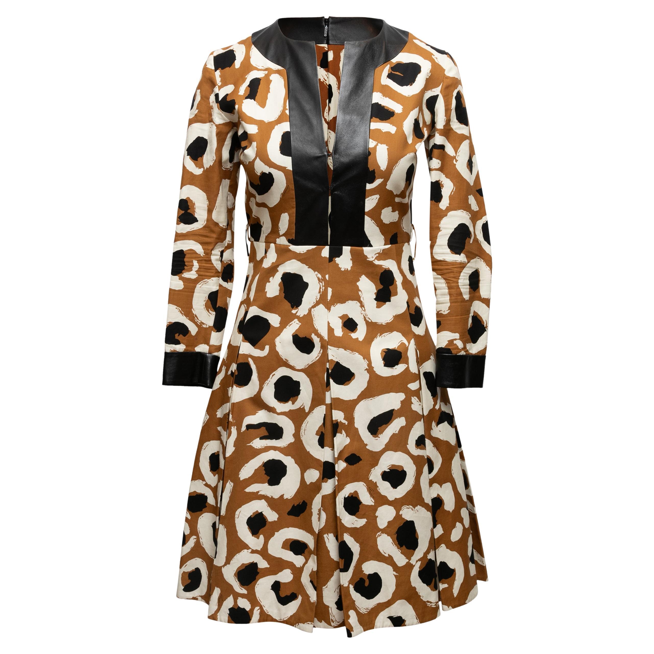 Brown & Multicolor Gucci Abstract Print Leather-Trimmed Dress