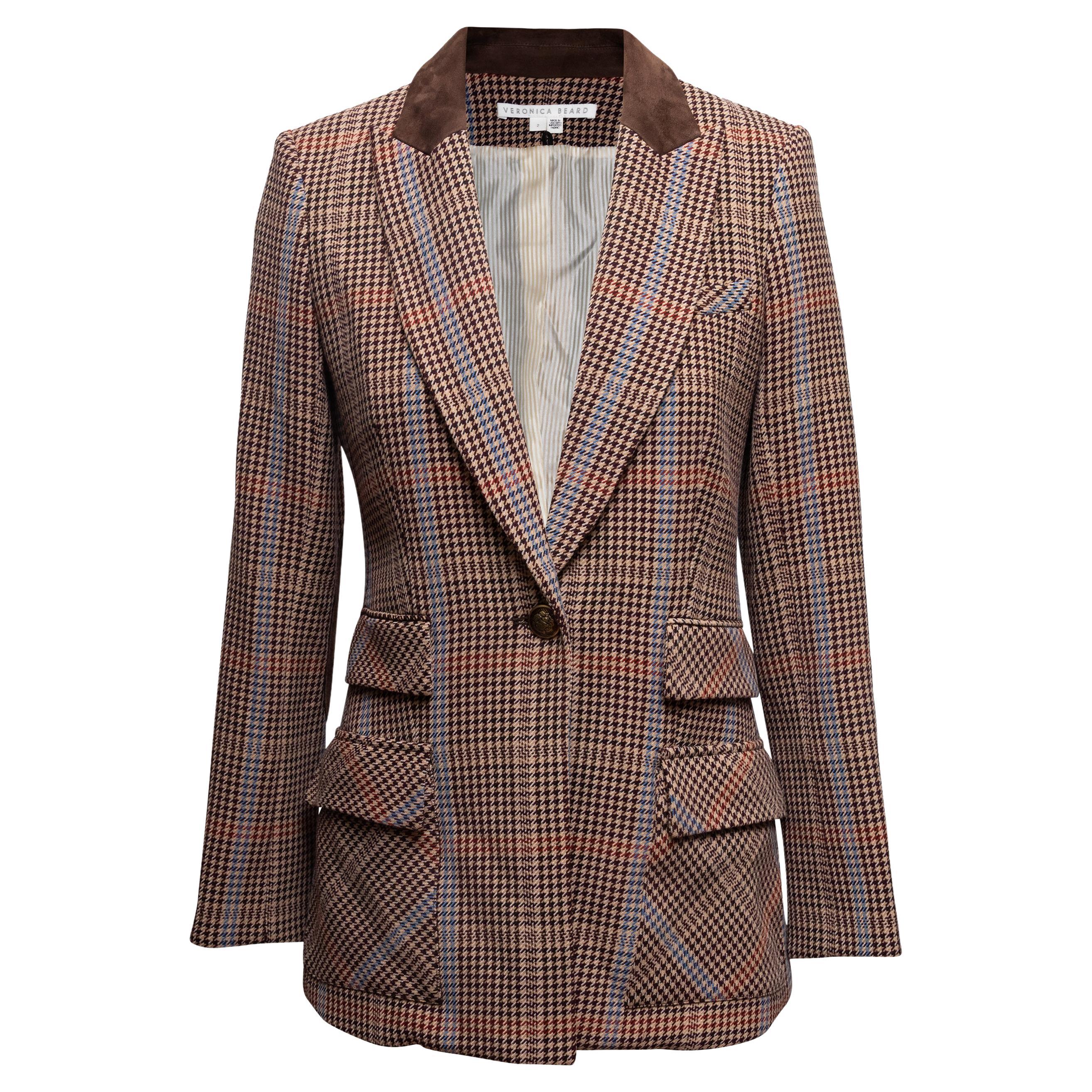Blazer en daim bordé de pied-de-poule Veronica Beard marron et multicolore Taille US 2