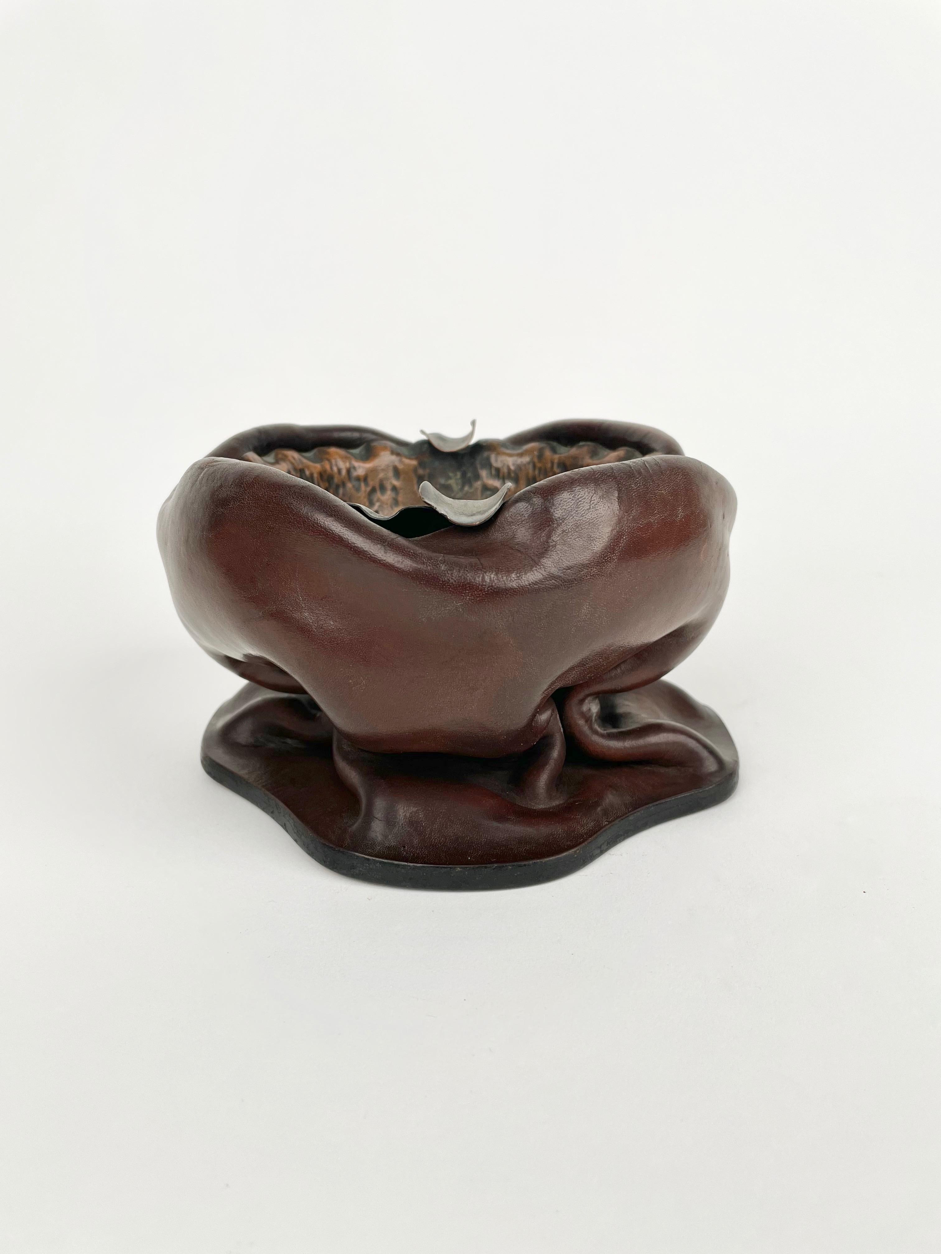 Brown Natural Leather & Copper Ashtray, Italy, 1970s 3