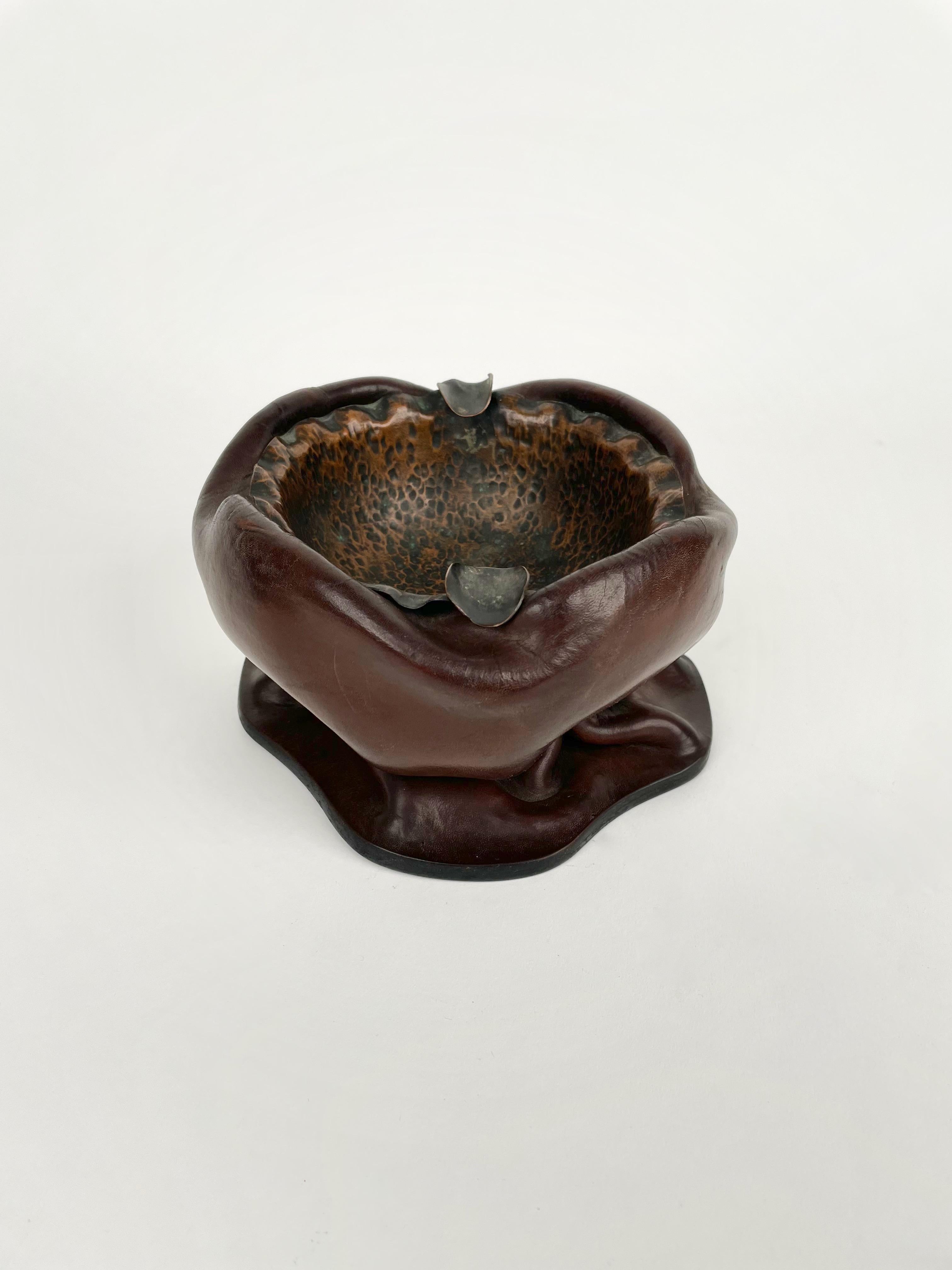 Brown Natural Leather & Copper Ashtray, Italy, 1970s 4