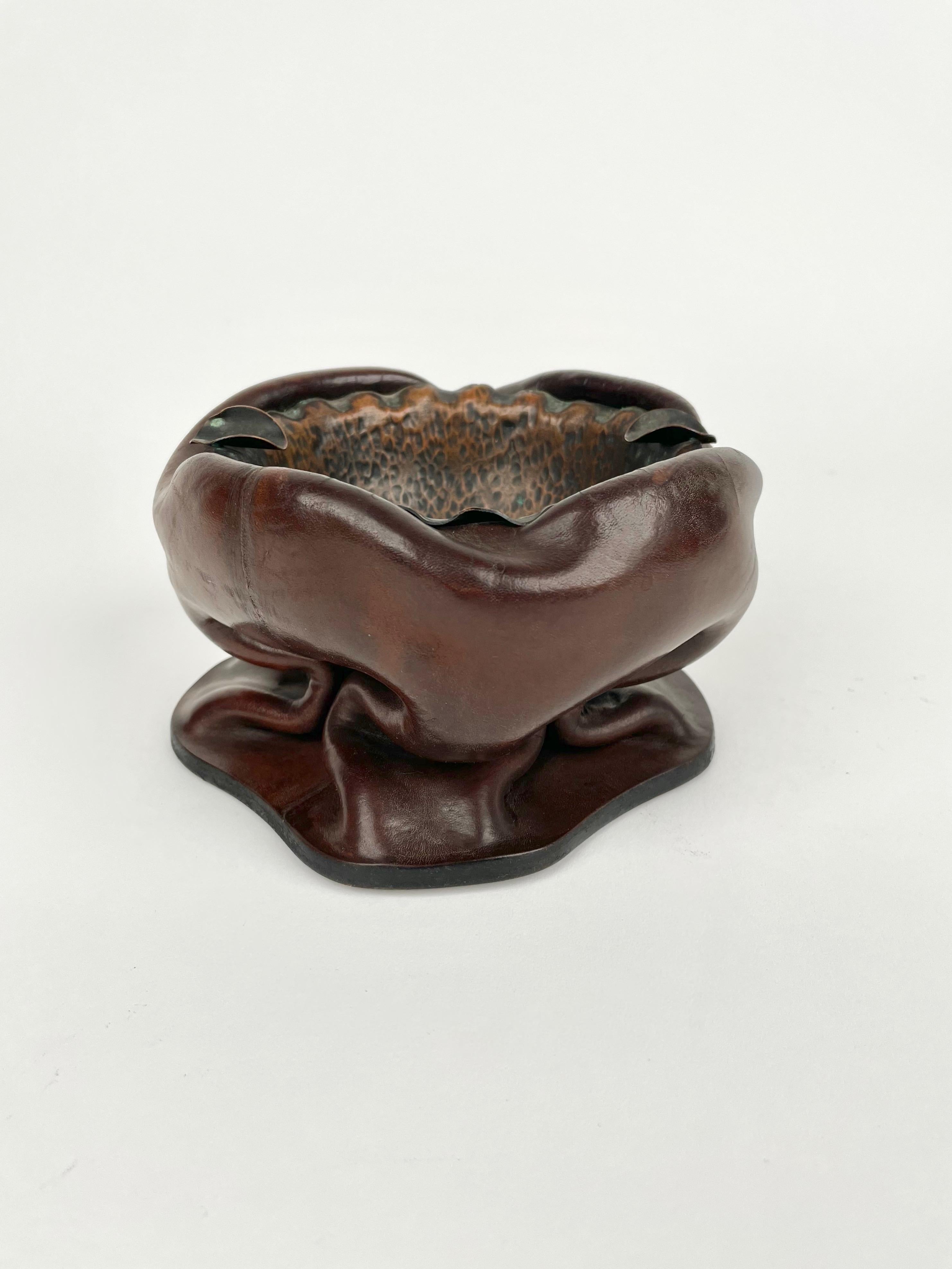 European Brown Natural Leather & Copper Ashtray, Italy, 1970s