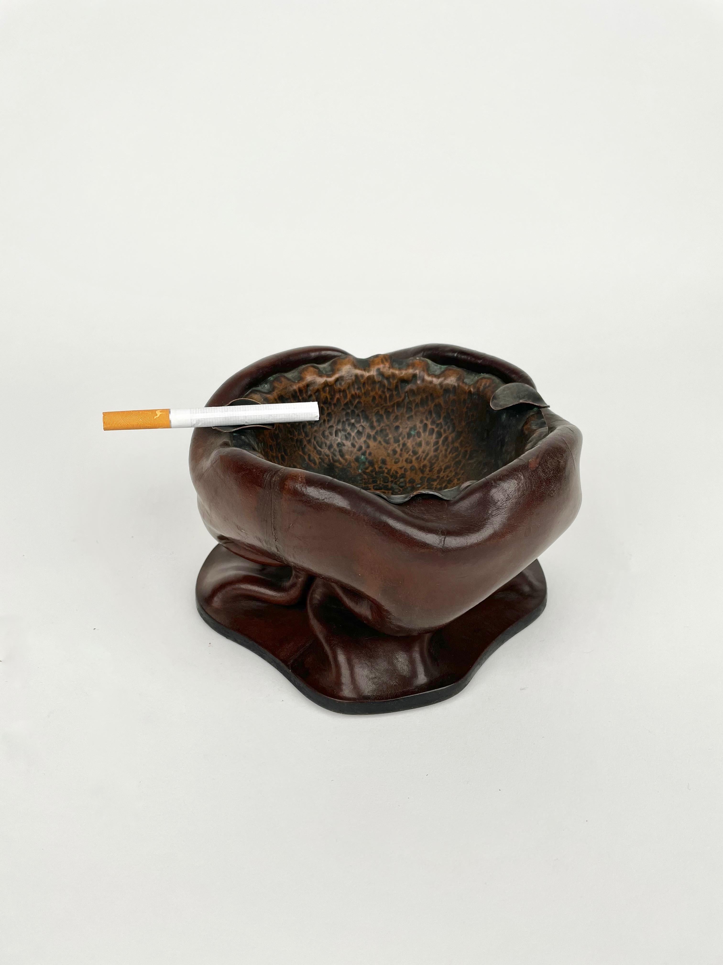 Late 20th Century Brown Natural Leather & Copper Ashtray, Italy, 1970s