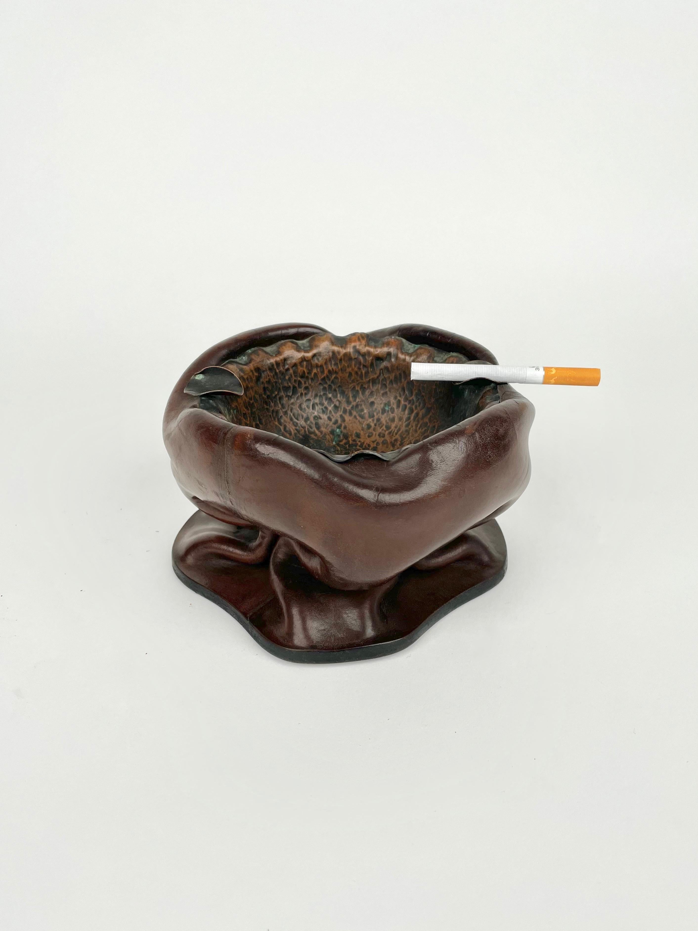 Metal Brown Natural Leather & Copper Ashtray, Italy, 1970s