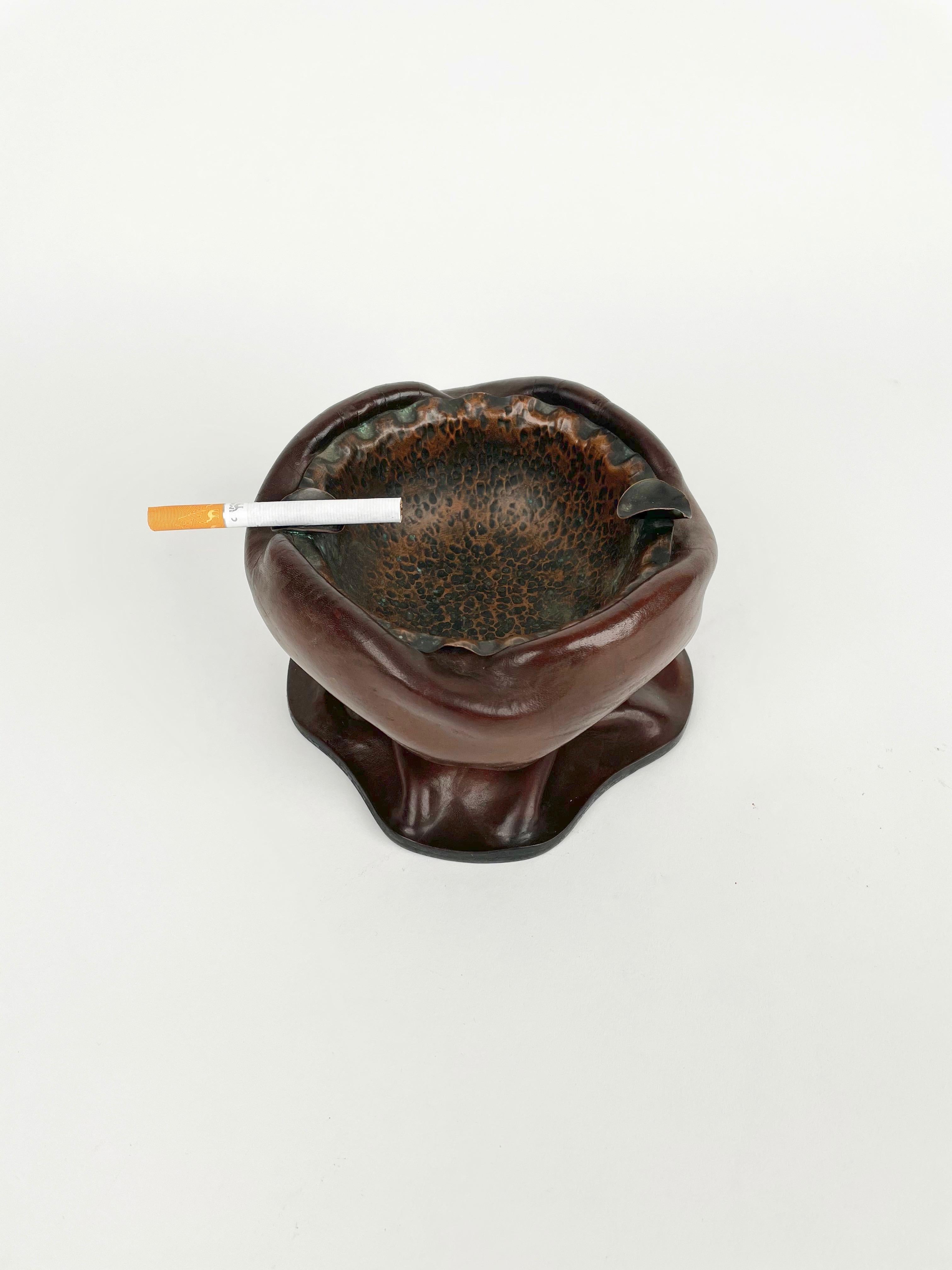 Brown Natural Leather & Copper Ashtray, Italy, 1970s 1