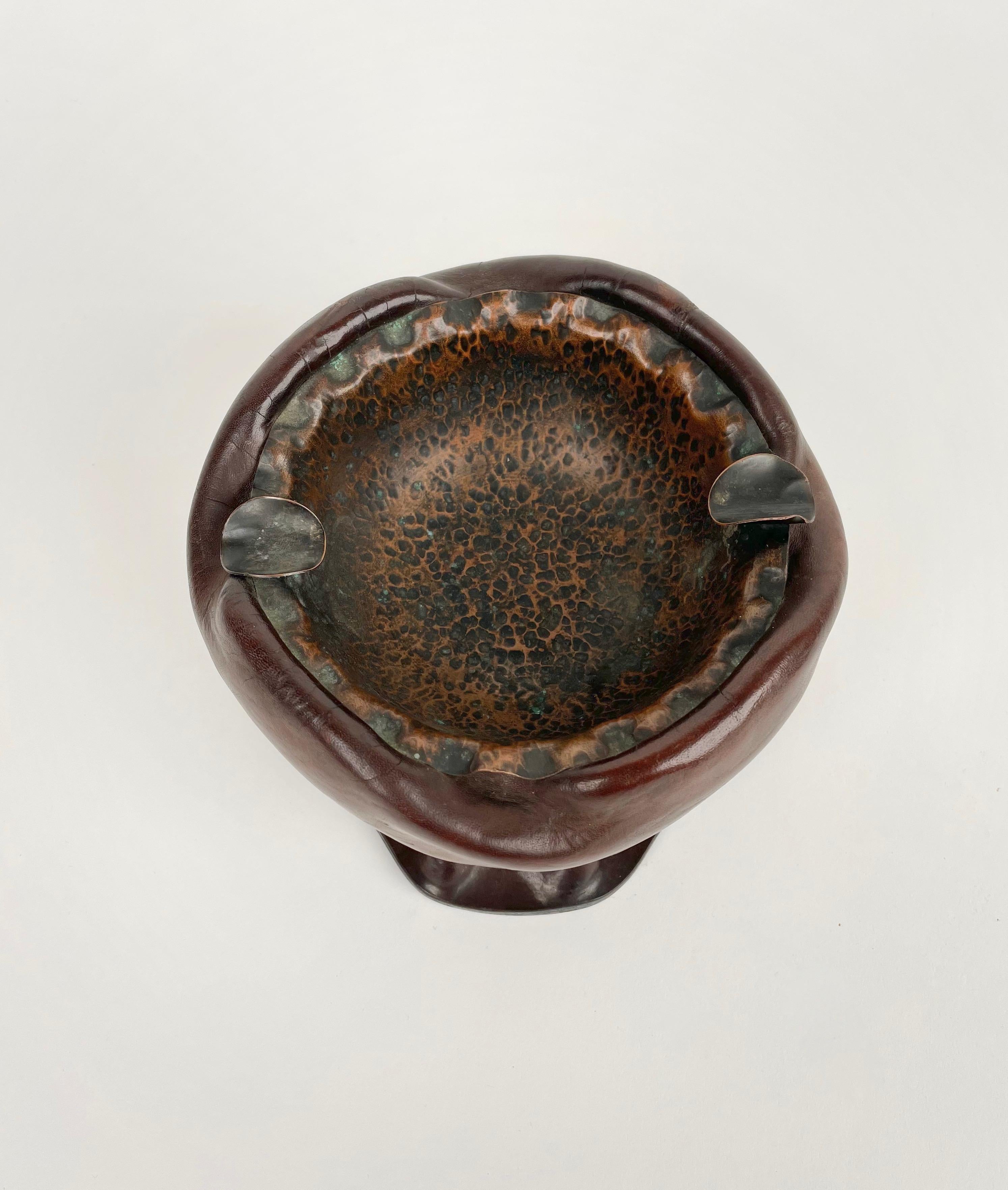Brown Natural Leather & Copper Ashtray, Italy, 1970s 2