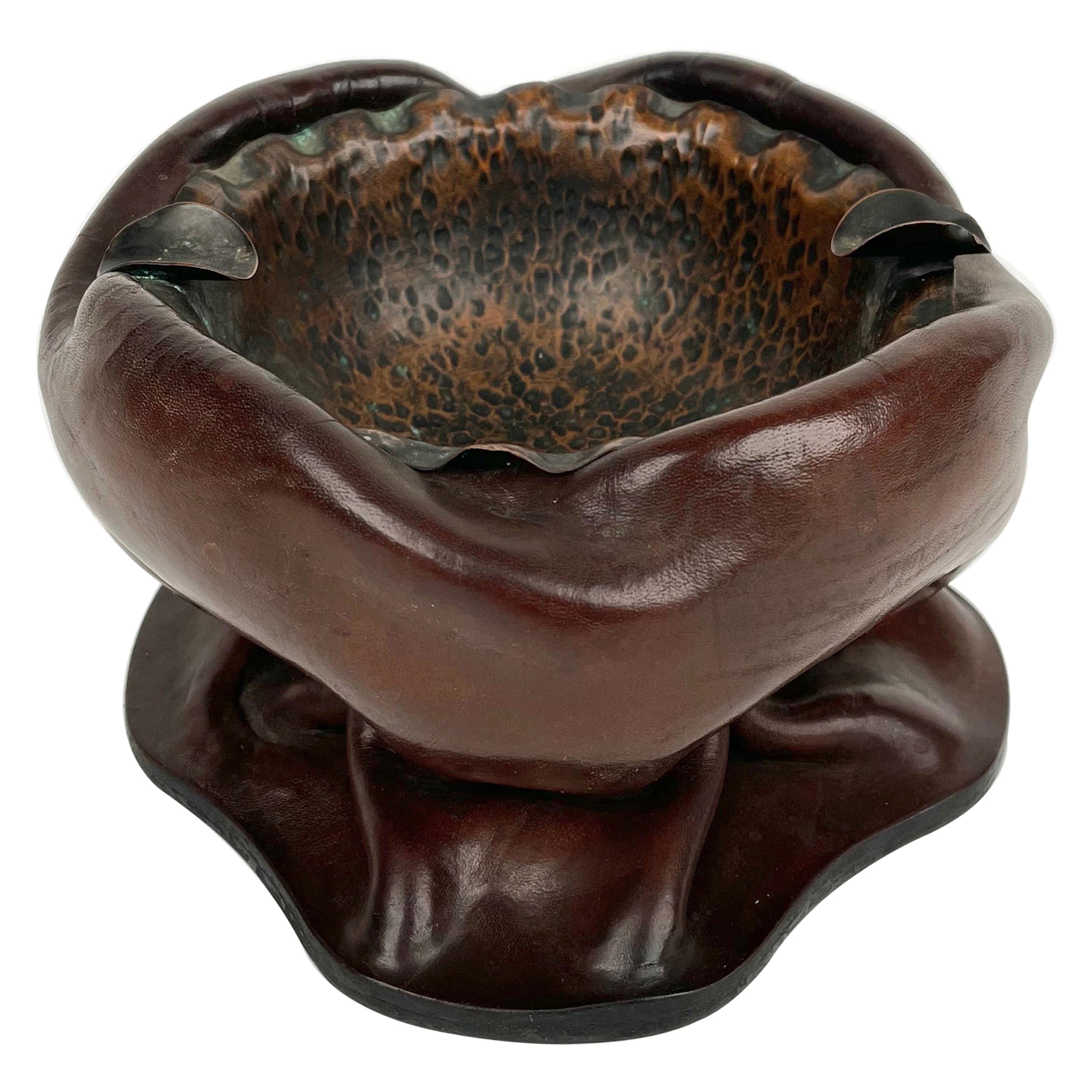 Brown Natural Leather & Copper Ashtray, Italy, 1970s