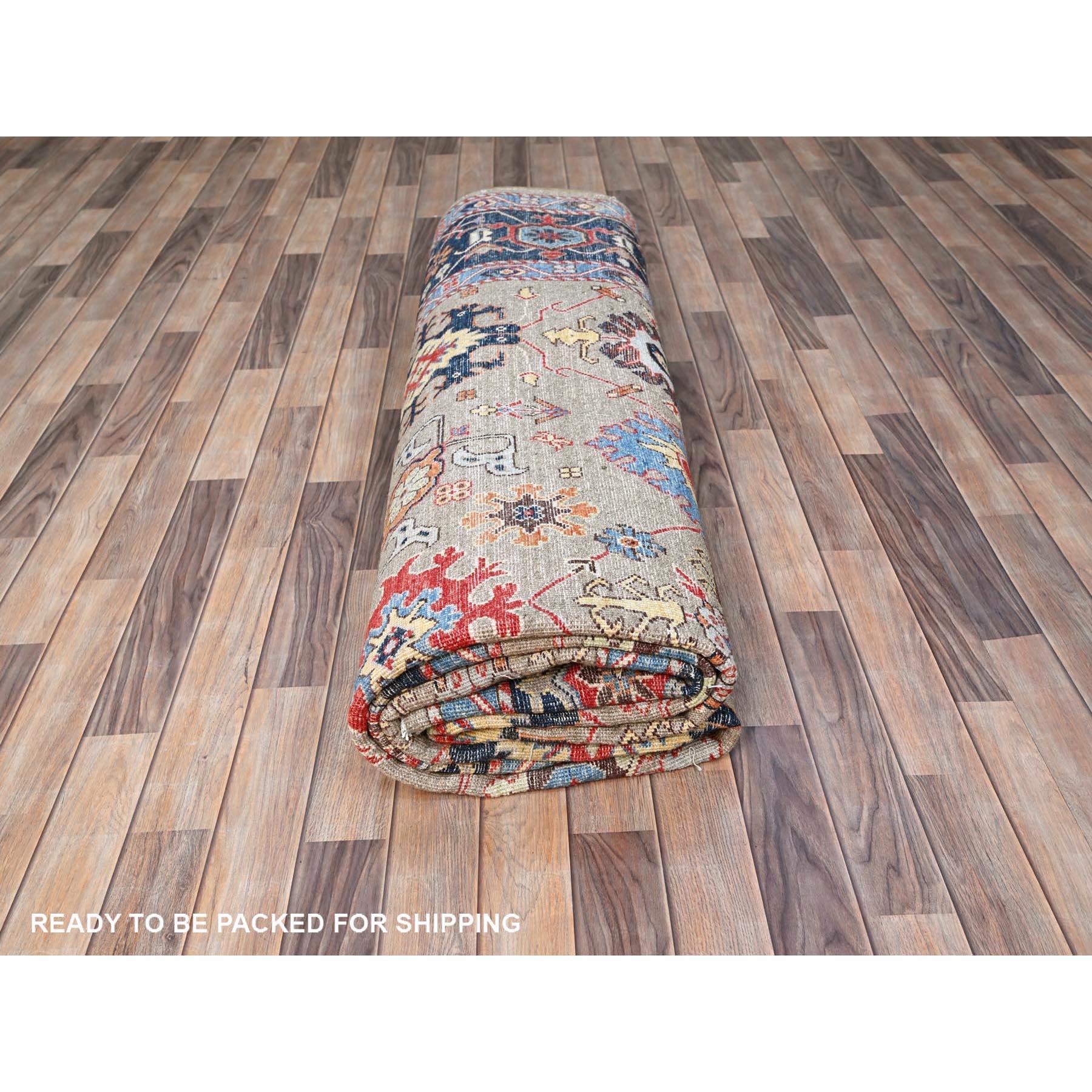 Brown Natural Wool Hand Knotted Serapi Heriz Design Oriental Rug 9'0