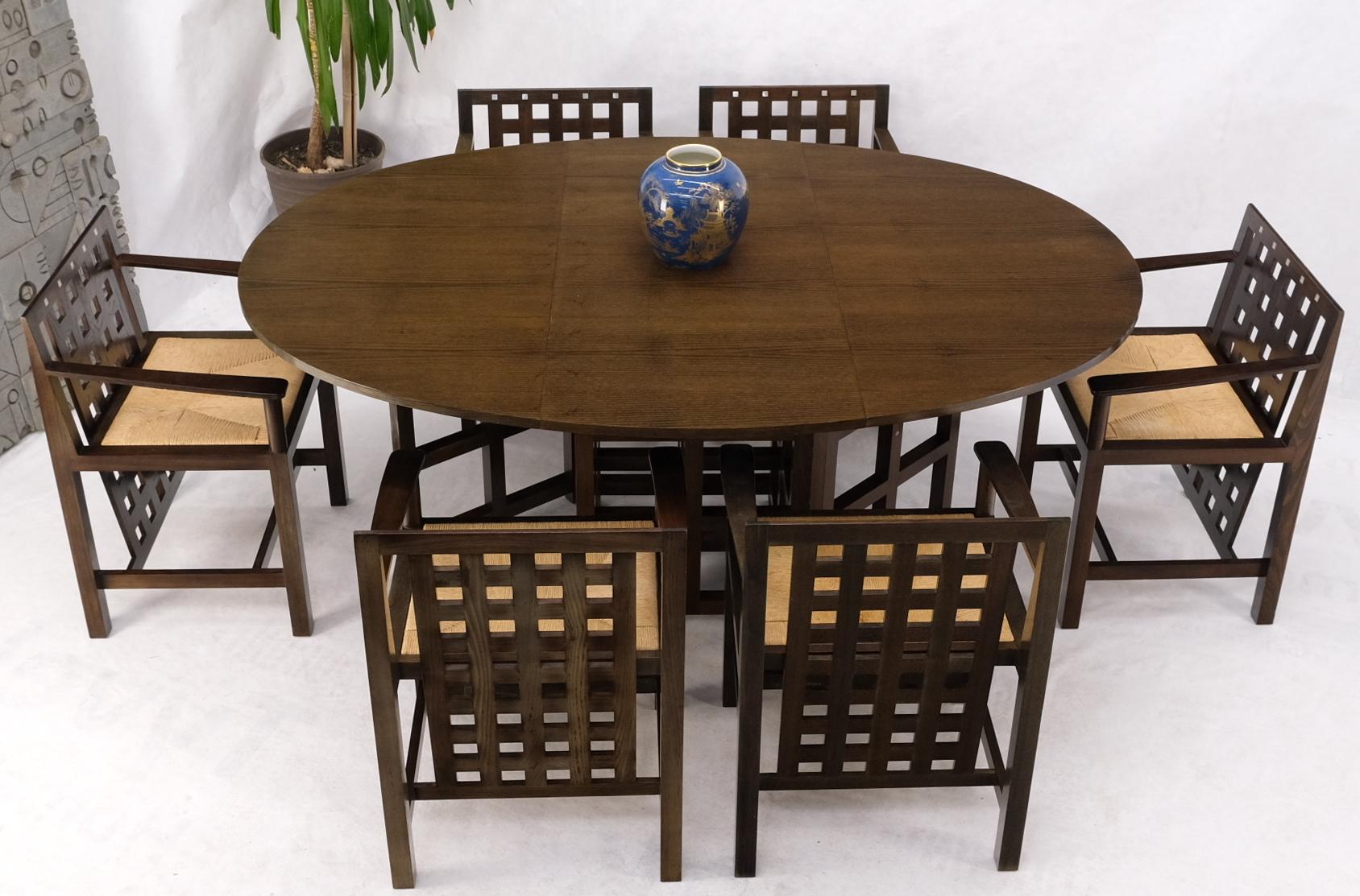 20th Century Brown Oak Cassina Macintosh Drop Leaf Dining Table 6 Rush Seat Chairs Set Mint For Sale