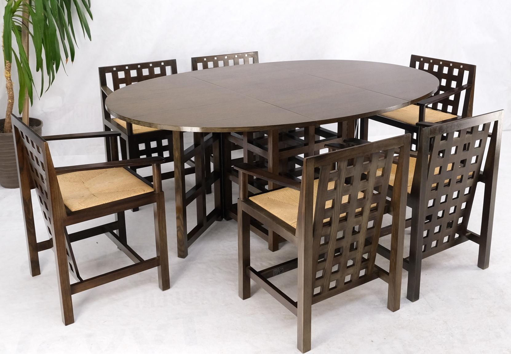 Mid-Century Modern Table de salle à manger Cassina Macintosh en chêne marron à abattants avec 6 chaises en jonc Mint en vente