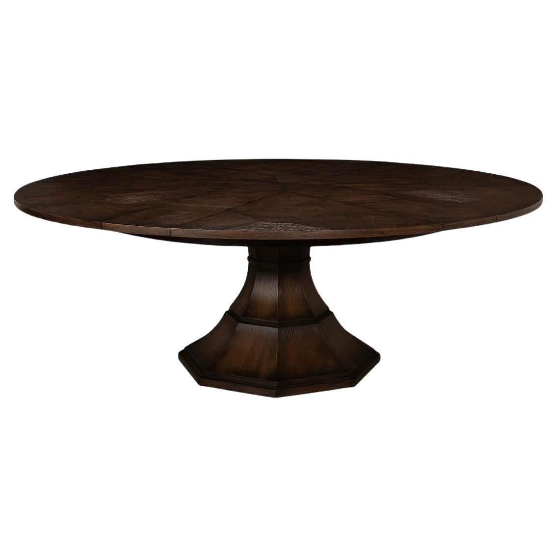 Table de salle à manger ronde en chêne brun en vente