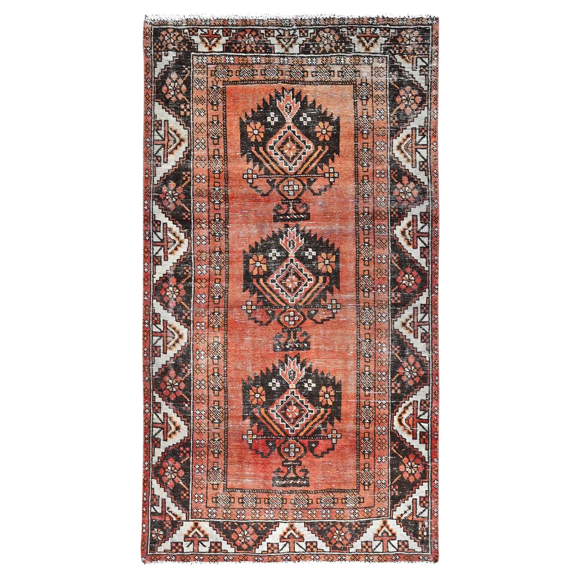 Brown Old Abrash Persian Baluch Village Design Hand Knotted Pure Wool Runner Rug For Sale