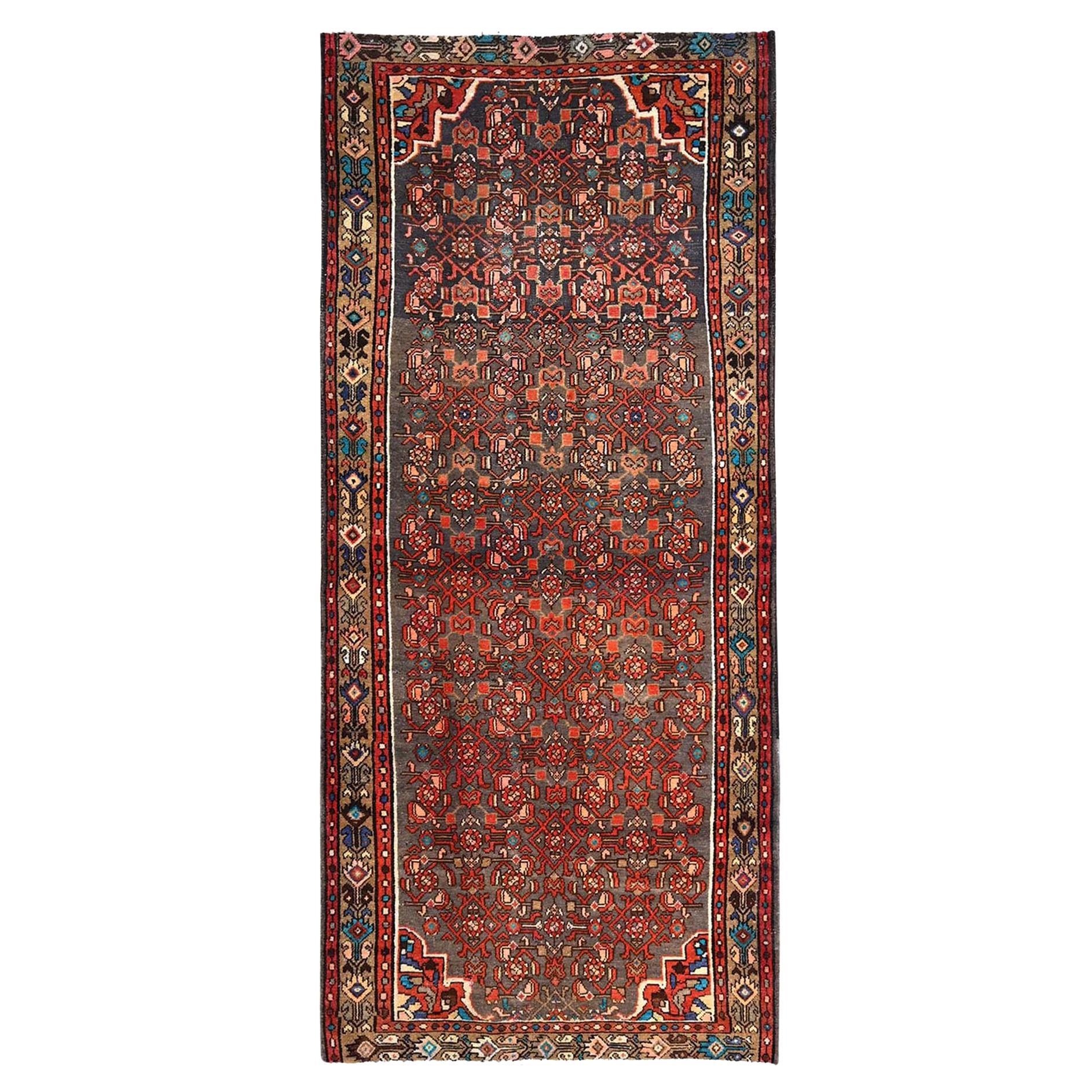 Brown Old Persian Hussainabad Repetitive Design Wool Hand Knotted Runner Rug