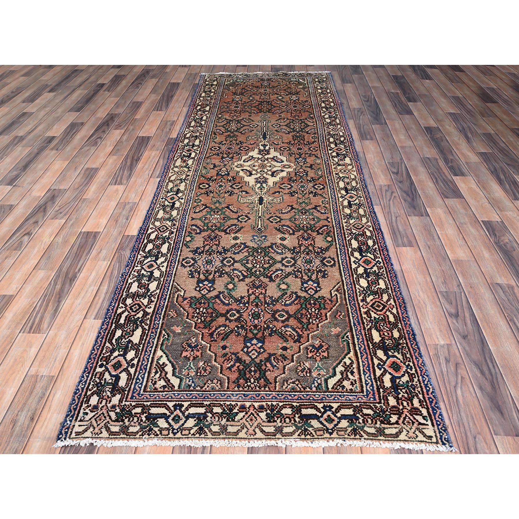 Medieval Brown Old Persian Hussainabad Rustcic Wool Abrash Hand Knotted Clean Runner Rug For Sale